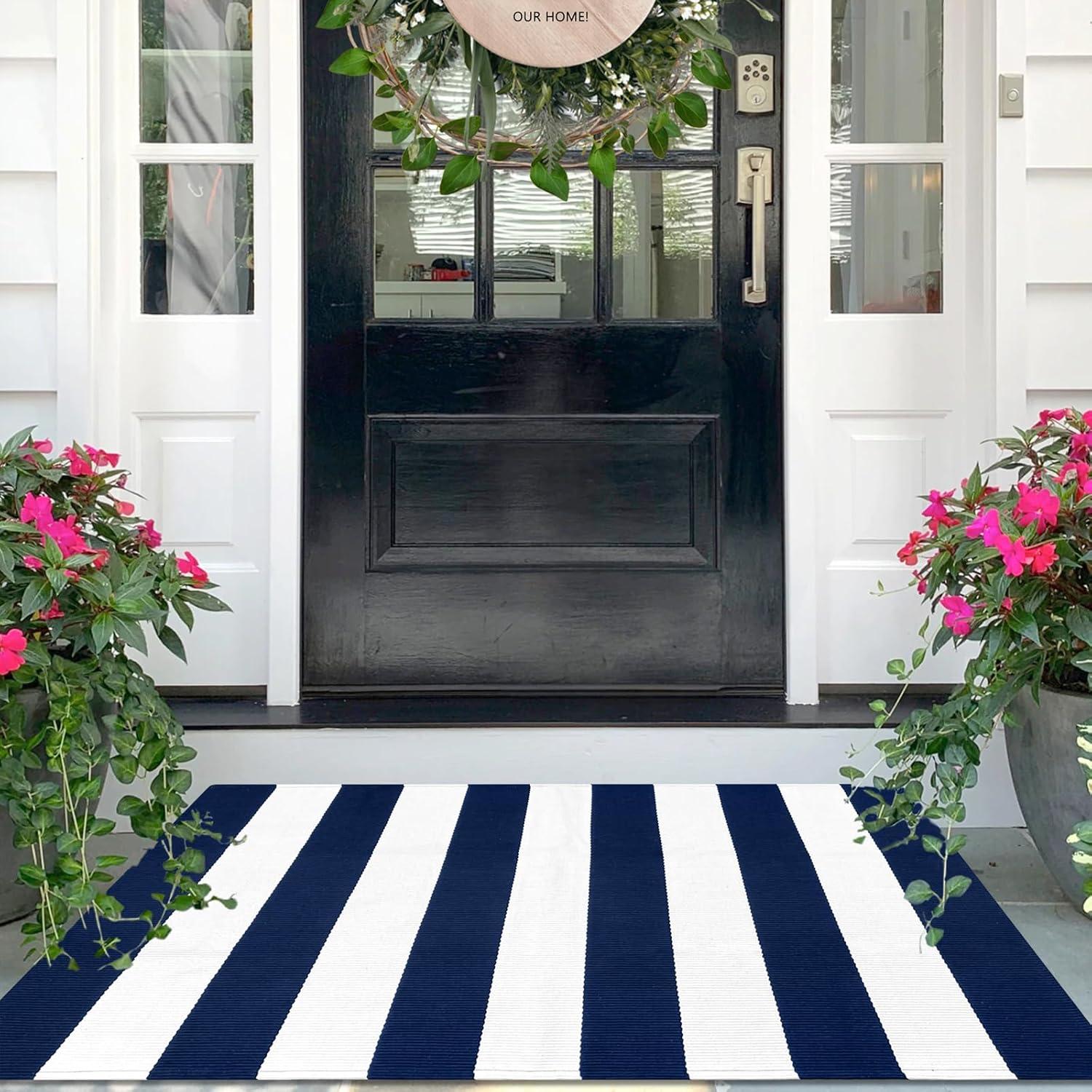 IOHOUZE Navy and White Striped Rug 2'x3' Front Door Rugs, Small Washable Area Rug for Front Porch, Spring Summer Doormats Outdoor Indoor, Cotton Rugs for Entryway Porch Entrance