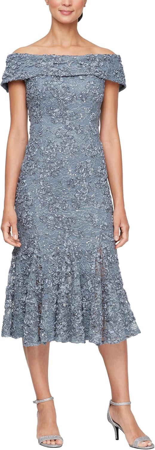 Pewter Lace Off the Shoulder Fit and Flare Midi Dress