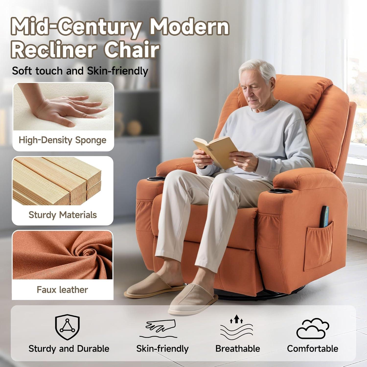 Latitude Run® Recliner Chair, Rocking Chair with Massage and Heat, 360° Swivel Recliner Chairs for Adults, Rocker Manual Recliner with Remote Control and Cup Holder for Living Room