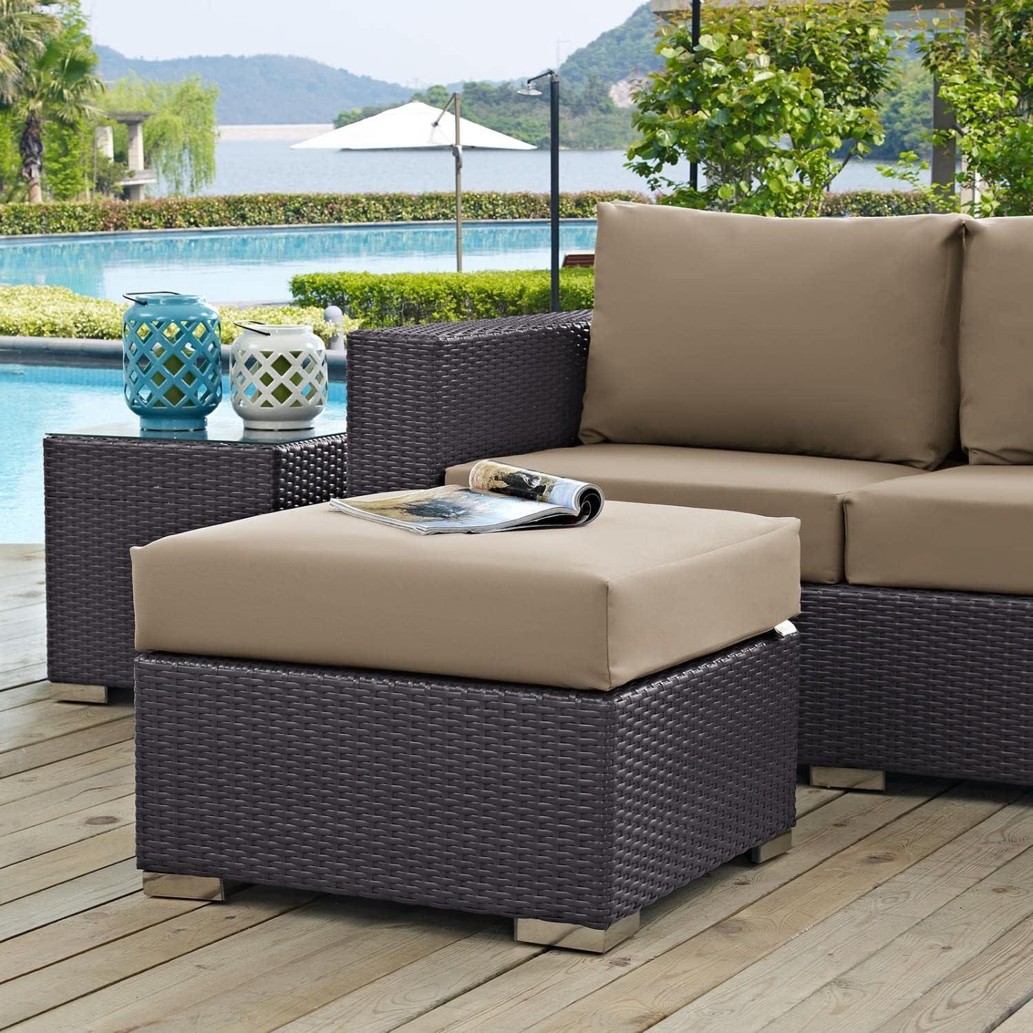 Modway Convene Square Fabric and Rattan Patio Ottoman in Espresso/Mocha