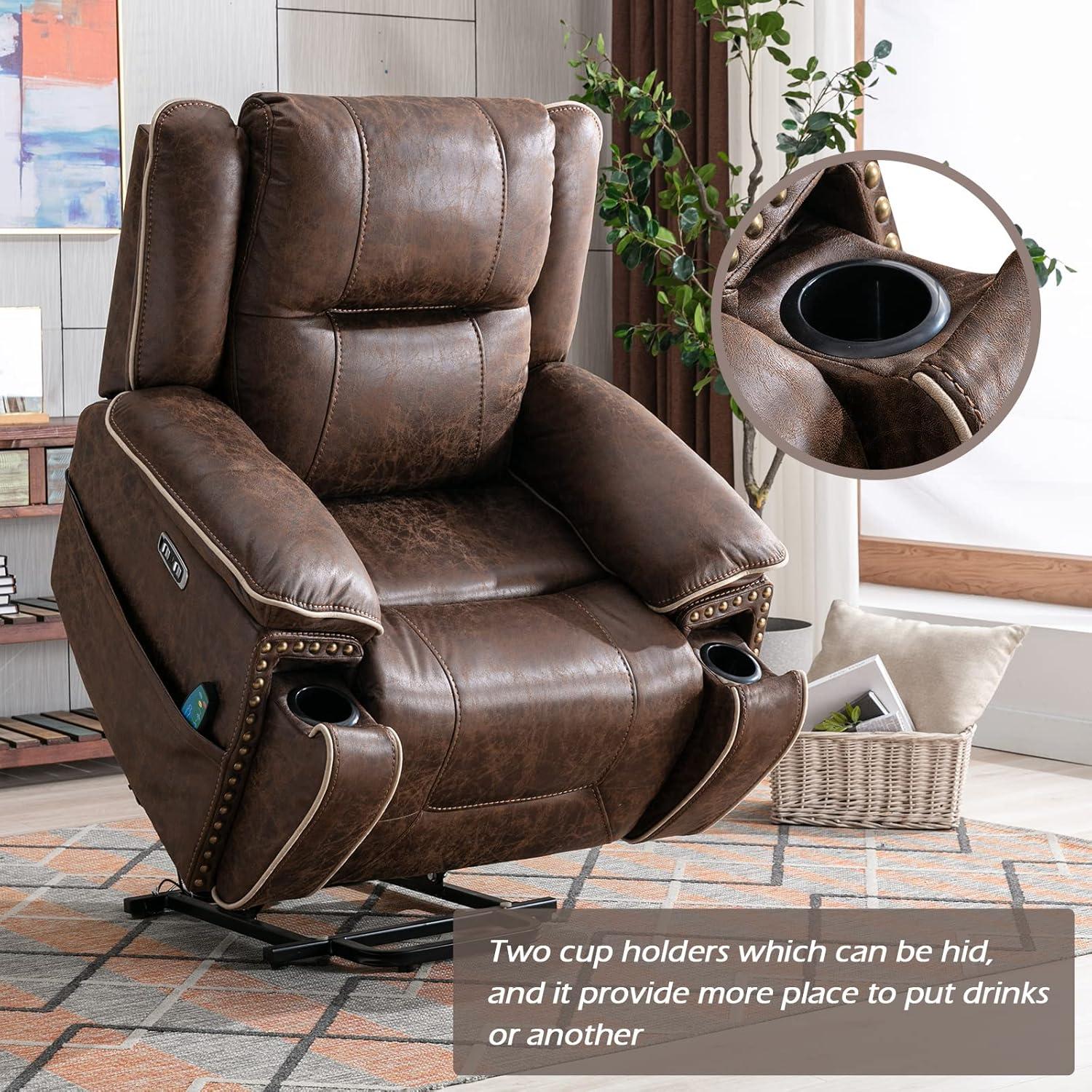 CANMOV Power Recliner Chair Electric Home Theater Seating Soft Leather Movie Chair for Living Room Overstuffed Single Reclining Sofa with Hidden Arm Storage, Cup Holders and USB Ports