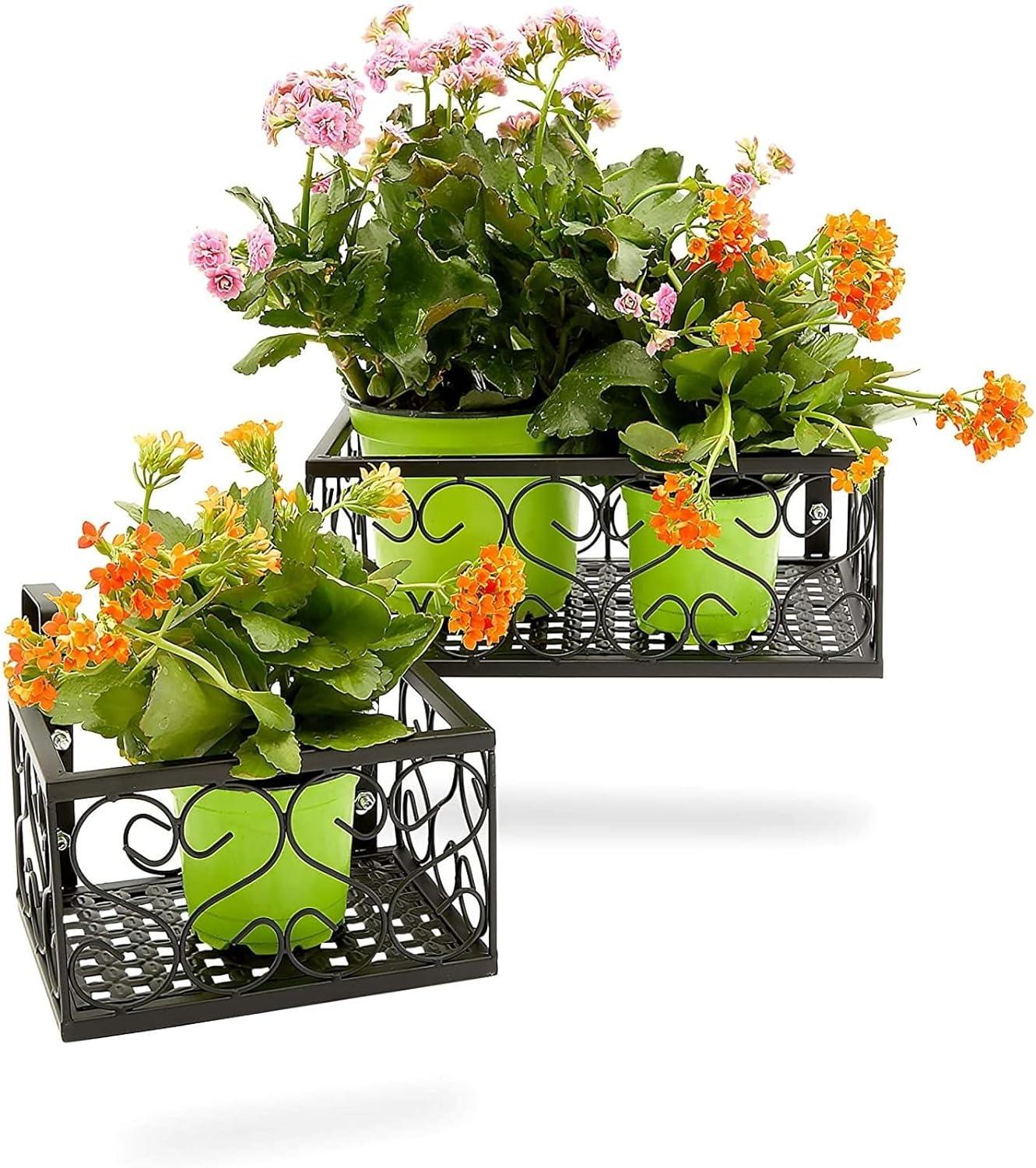 Farmlyn Creek 2 Pack Black Metal Wall Hanging Planter Balcony Patio Fence, Railing Shelf, 2 Sizes