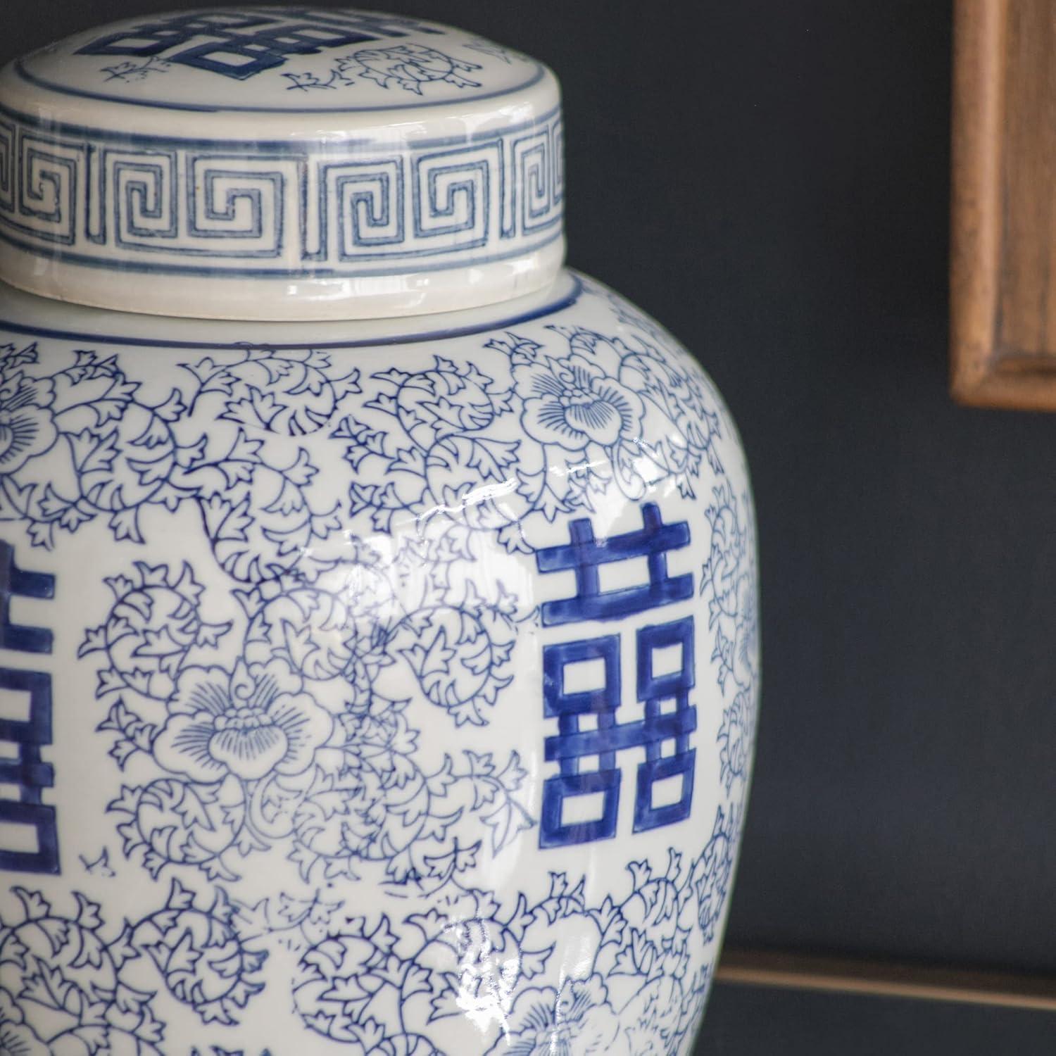 A&B Home Blue and White Ceramic Ginger Jar with Lid Ancient Chinese Oriental Style Multi Purpose 7.9" x 7.9" x 9.4"