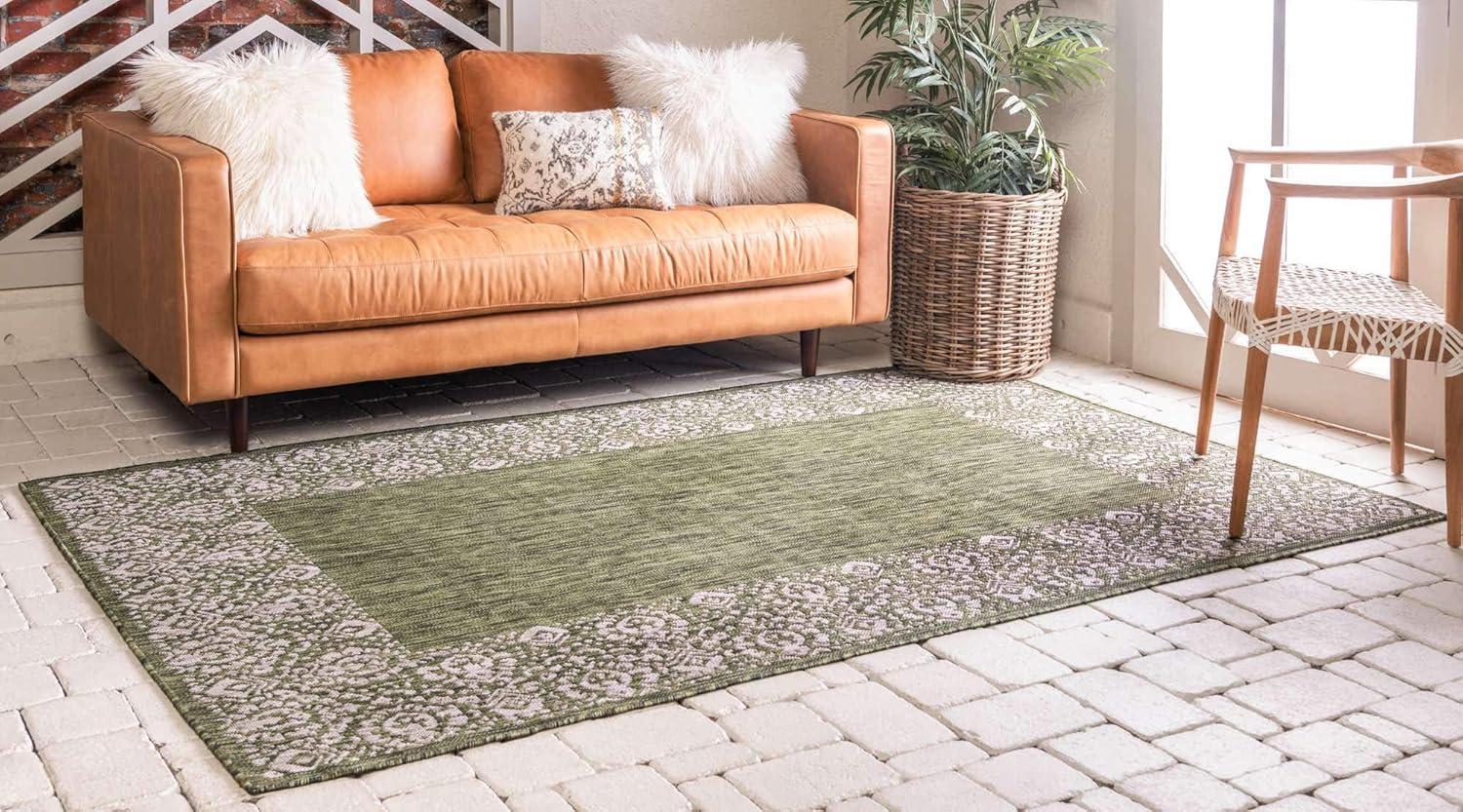 Unique Loom Outdoor Border Collection Area Rug - Floral Border (9' x 12' Rectangle Green/Ivory)