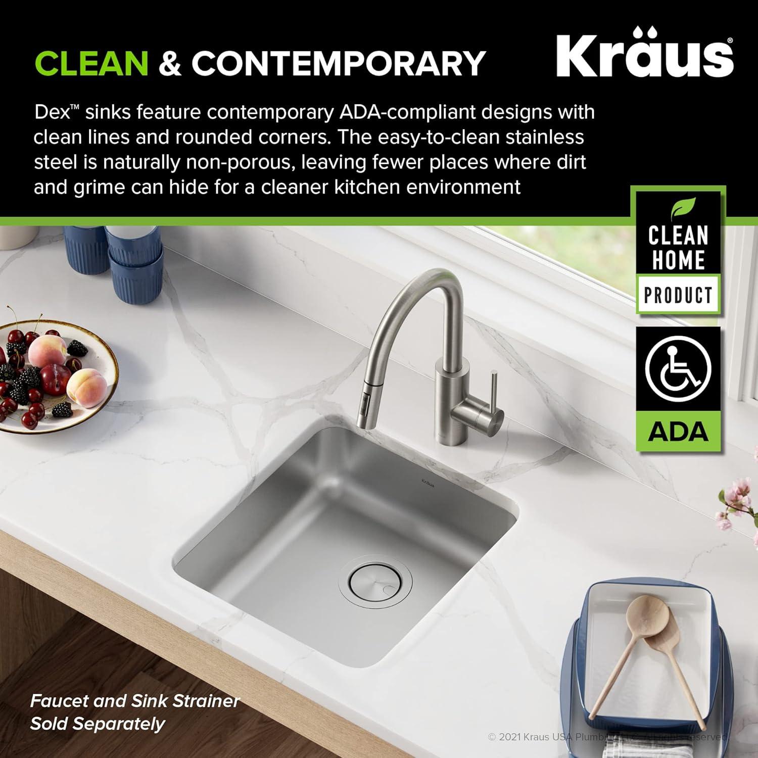 Dex™️ Series KRAUS 17" L Undermount 16 Gauge Stainless Steel Single Bowl Kitchen Sink