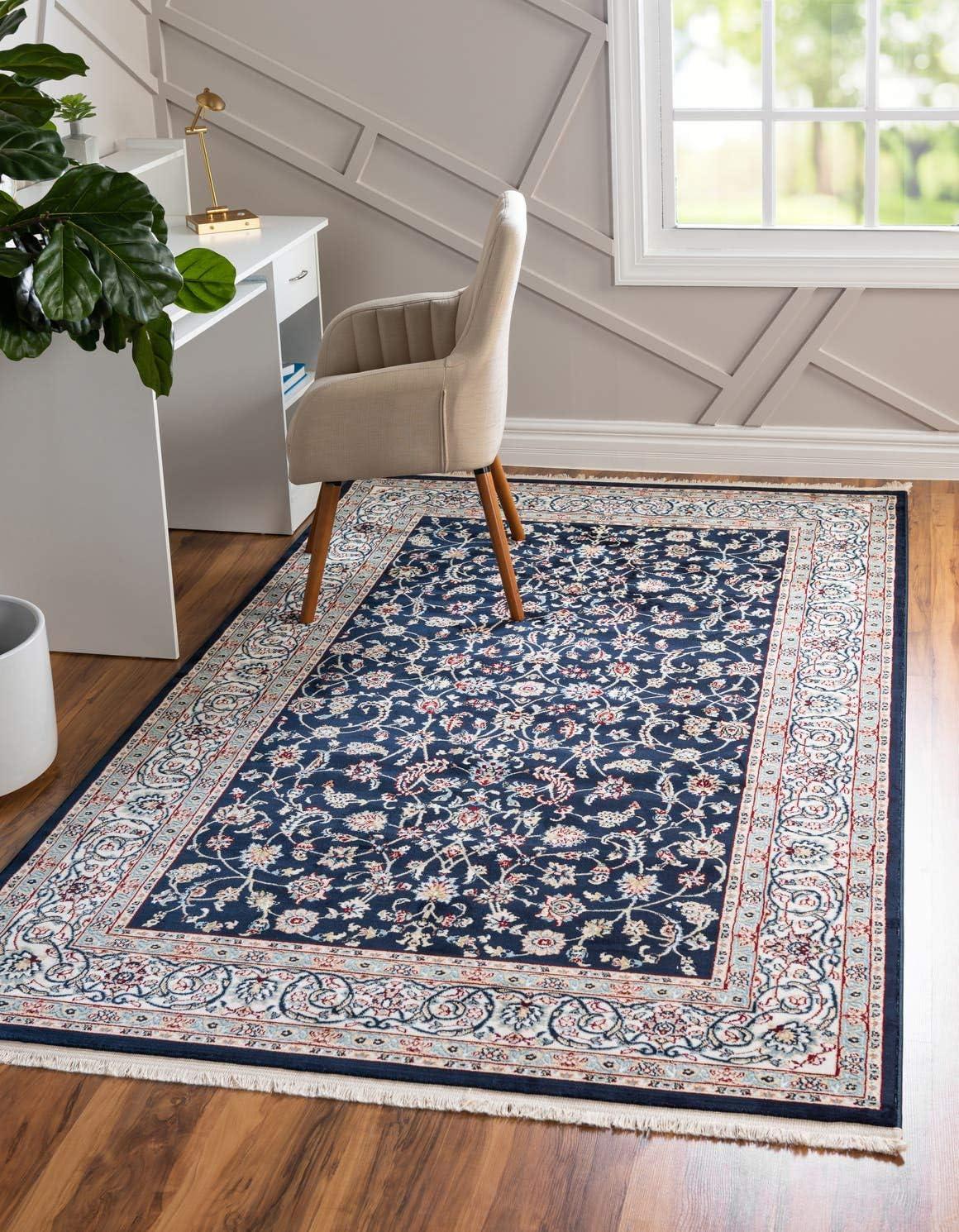 Navy Blue and Beige Floral Synthetic 8x10 Area Rug