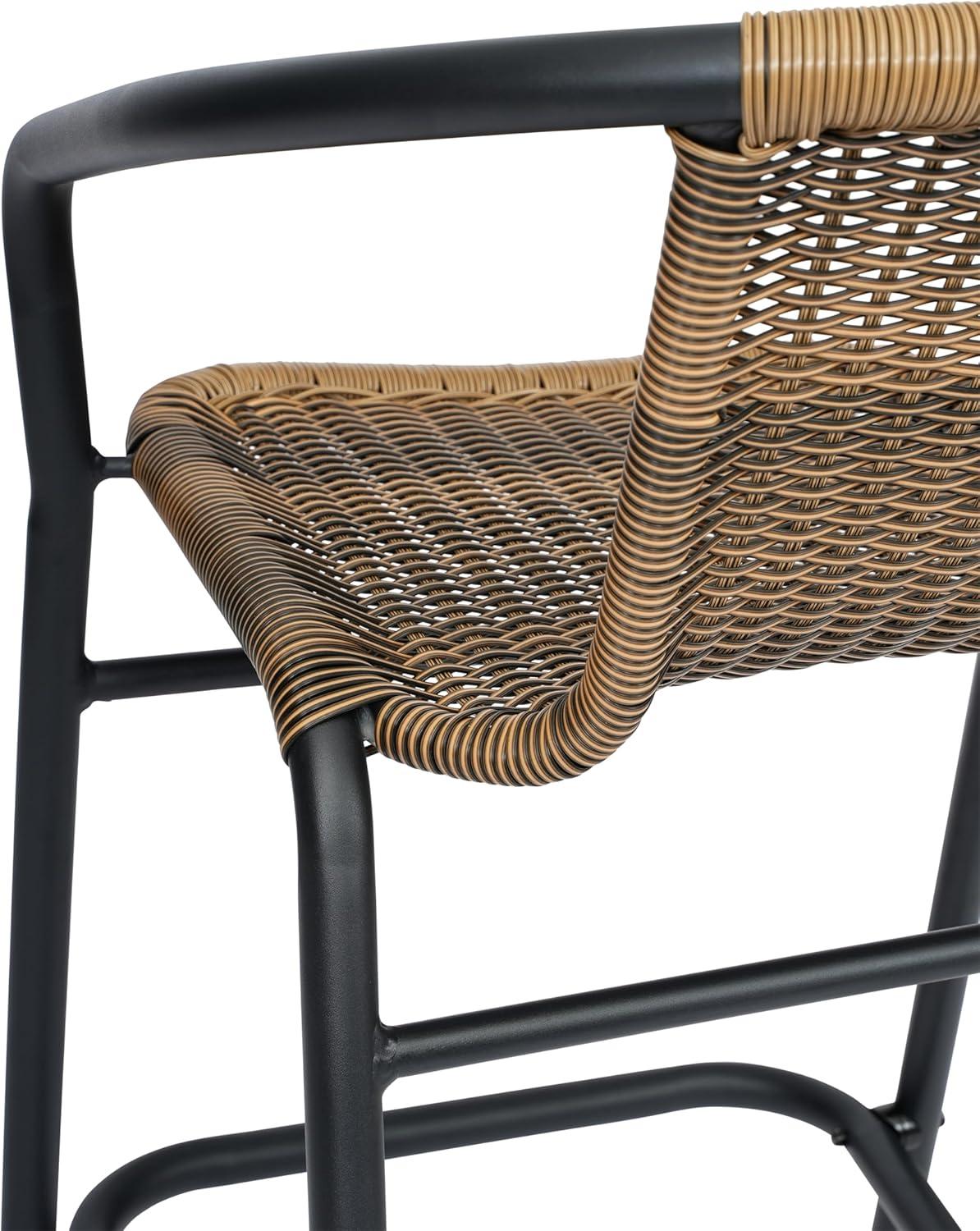 Flash Furniture Lila Set of 2 Commercial Grade Indoor-Outdoor PE Rattan Restaurant Barstool with Black Aluminum Frame and Footrest in Medium Brown