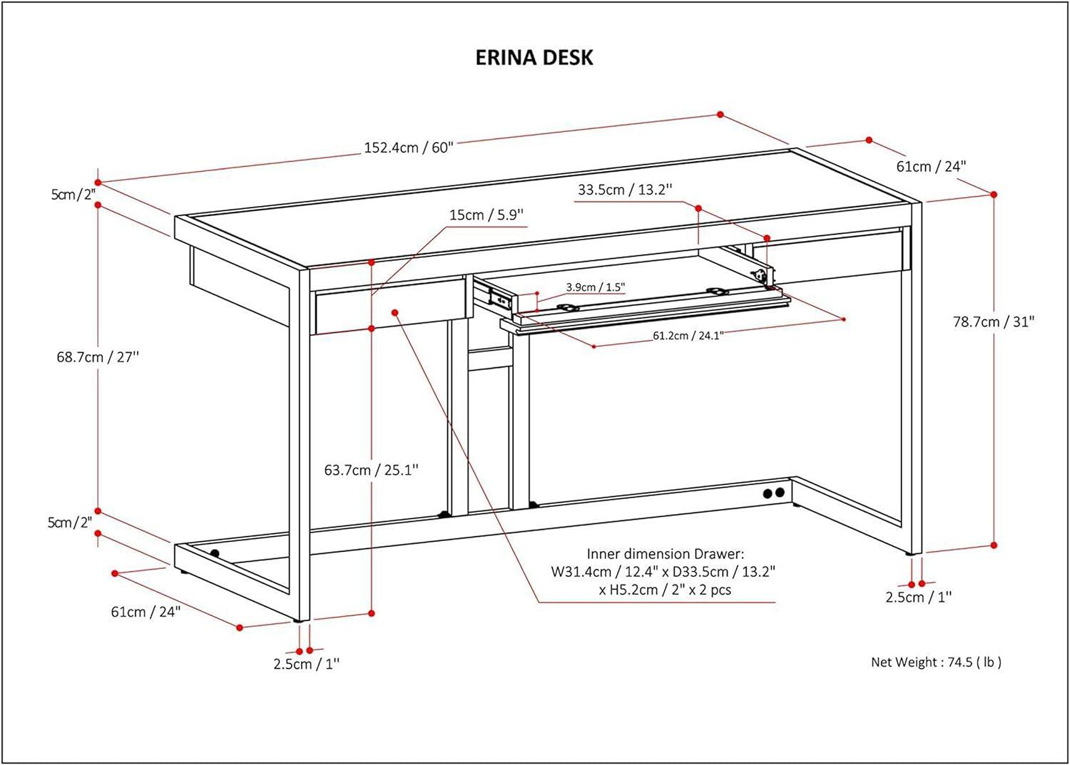 Erina Distressed White Solid Acacia 60" Desk with Keyboard Tray