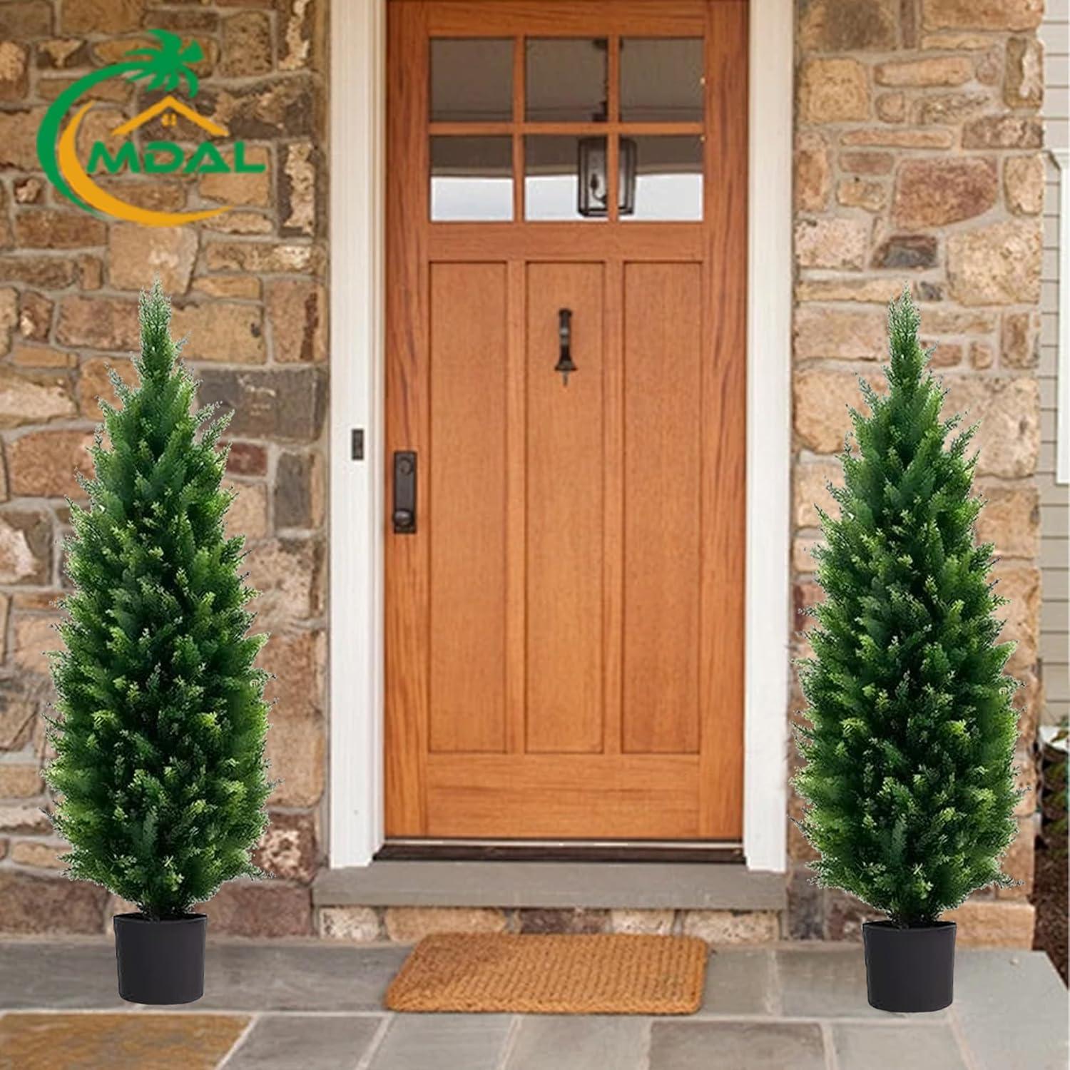 4FT 2-Pack Artificial Cedar Topiary Trees UV Resistant Potted Shrubs Fake Plants, Faux Pine Tree Plant for Home Office Garden Front Porch Patio Indoor Outdoor Party Wedding  Decor