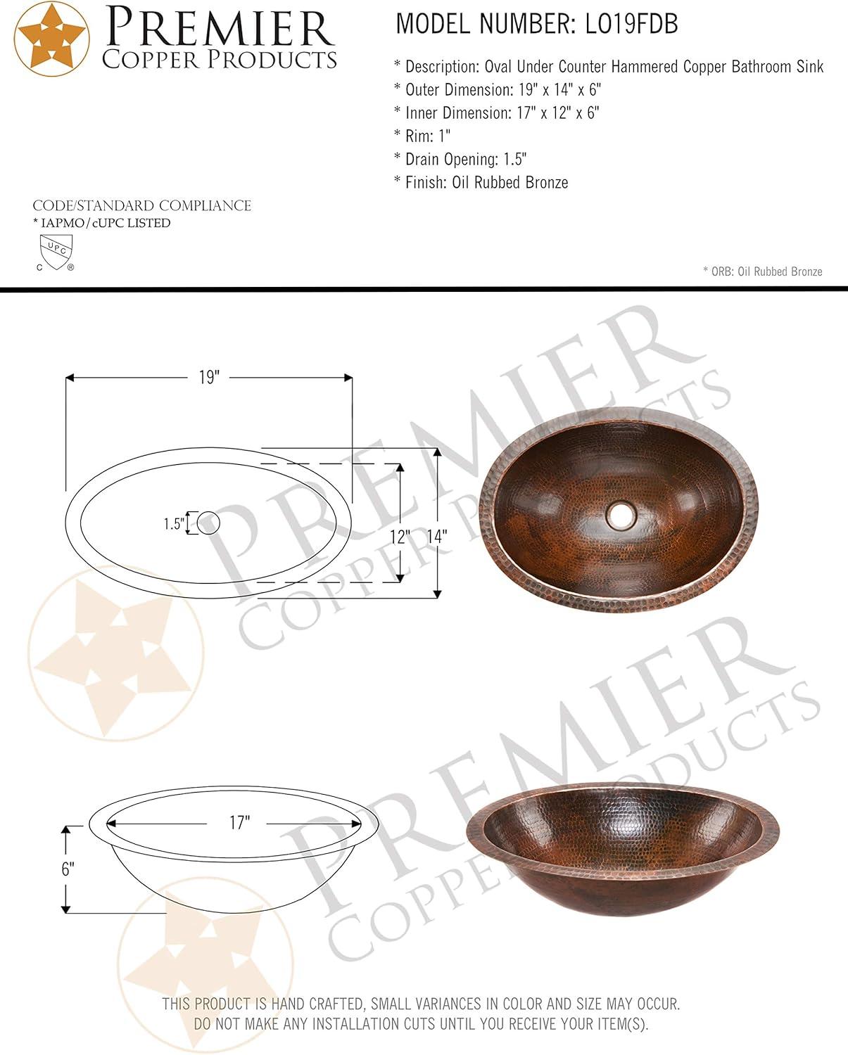 19" Oval Under Counter Hammered Copper Bathroom Sink