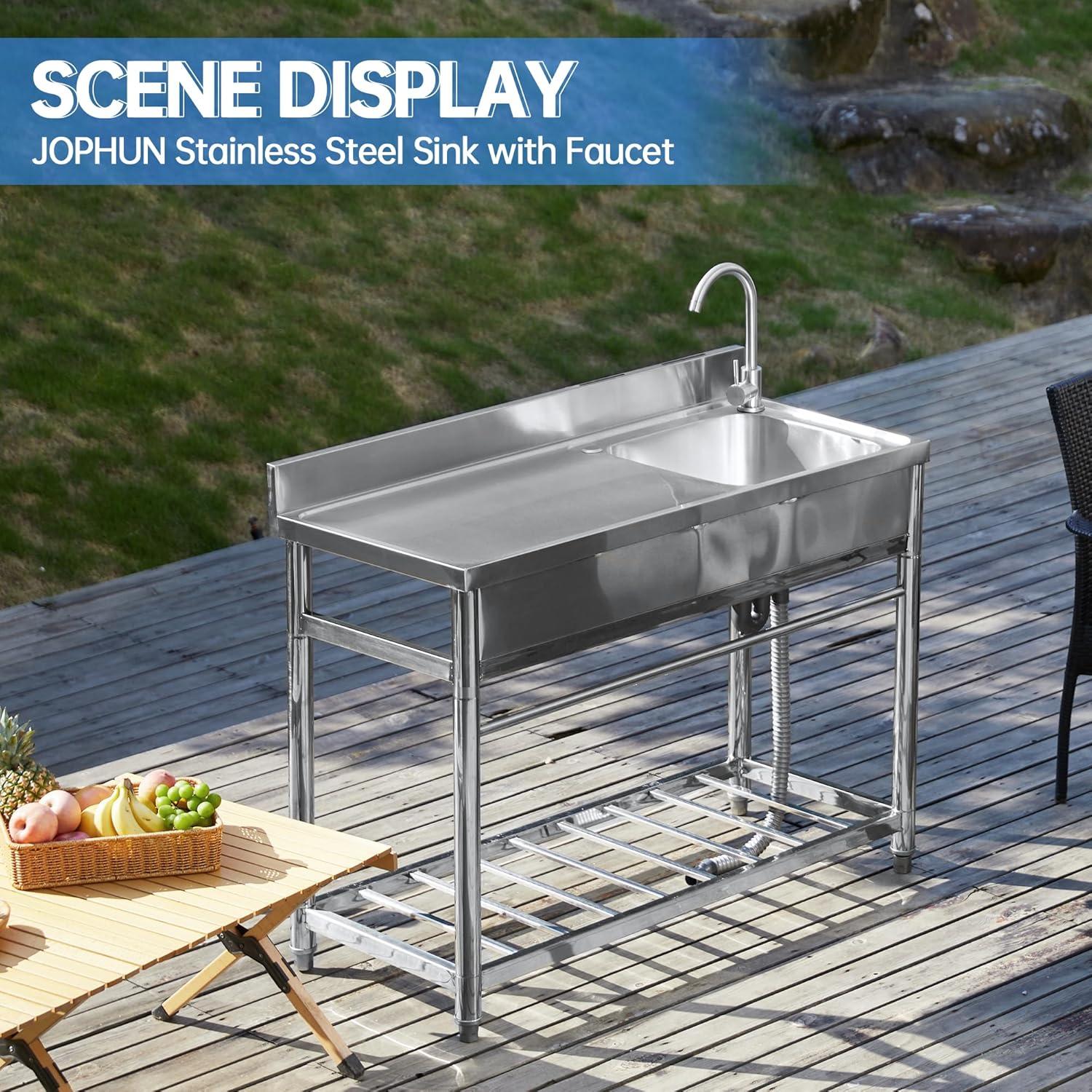 Utility Sink Free Standing Single Bowl Kitchen Sink with Cold and Hot Water Pipe Stainless Steel Sink for Laundry Room Bathroom Farmhouse