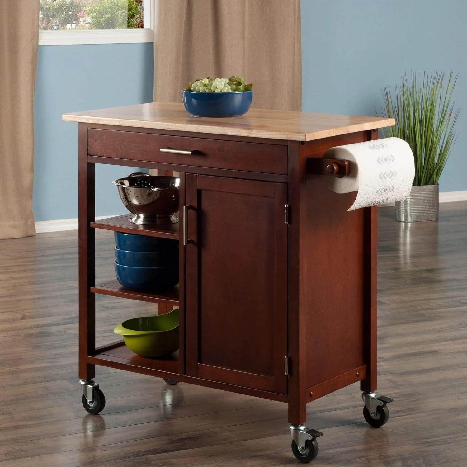 Transitional Two-Toned Beechwood Walnut Kitchen Cart with Storage