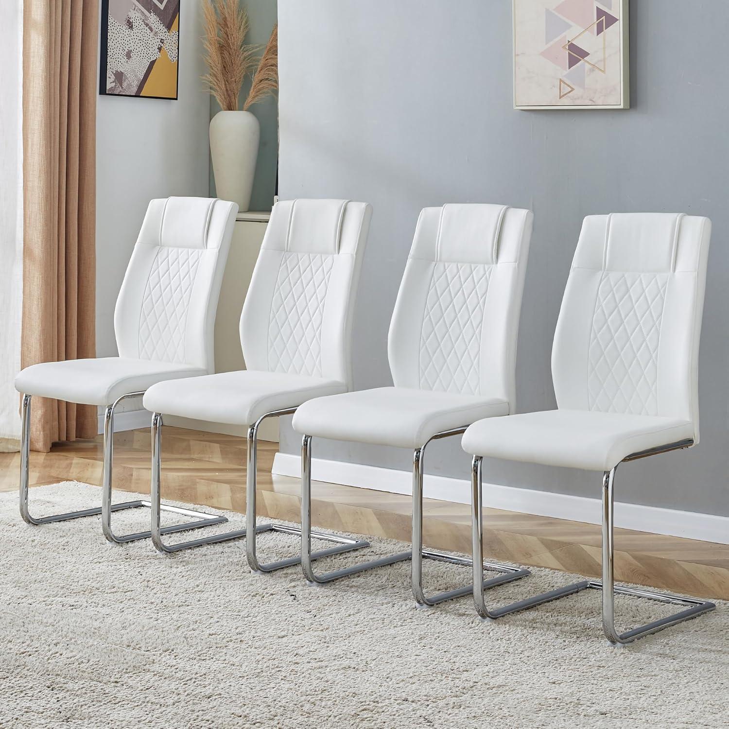 Faux Leather Dining Chairs Set of 4, PU Leather Accent Chairs with Backrest, Metal Legs, 4pcs Armless Parsons Chair for Bed Room,Kitchen, Living Room, White+Silver