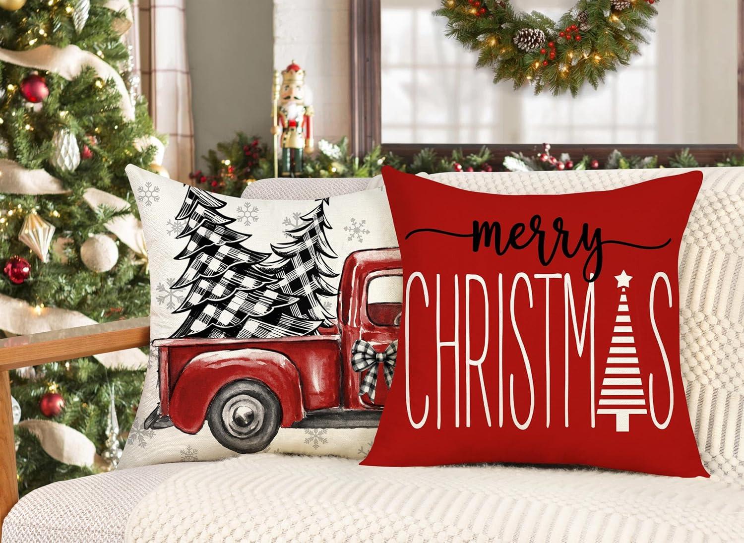 BEAUTY Merry Christmas Throw Pillow Covers 18 x 18 Inch Set of 4  Red Barn Merry & Bright Xmas Farmhouse Holiday Pillowcases for Home Outdoor Decoration CP053-18