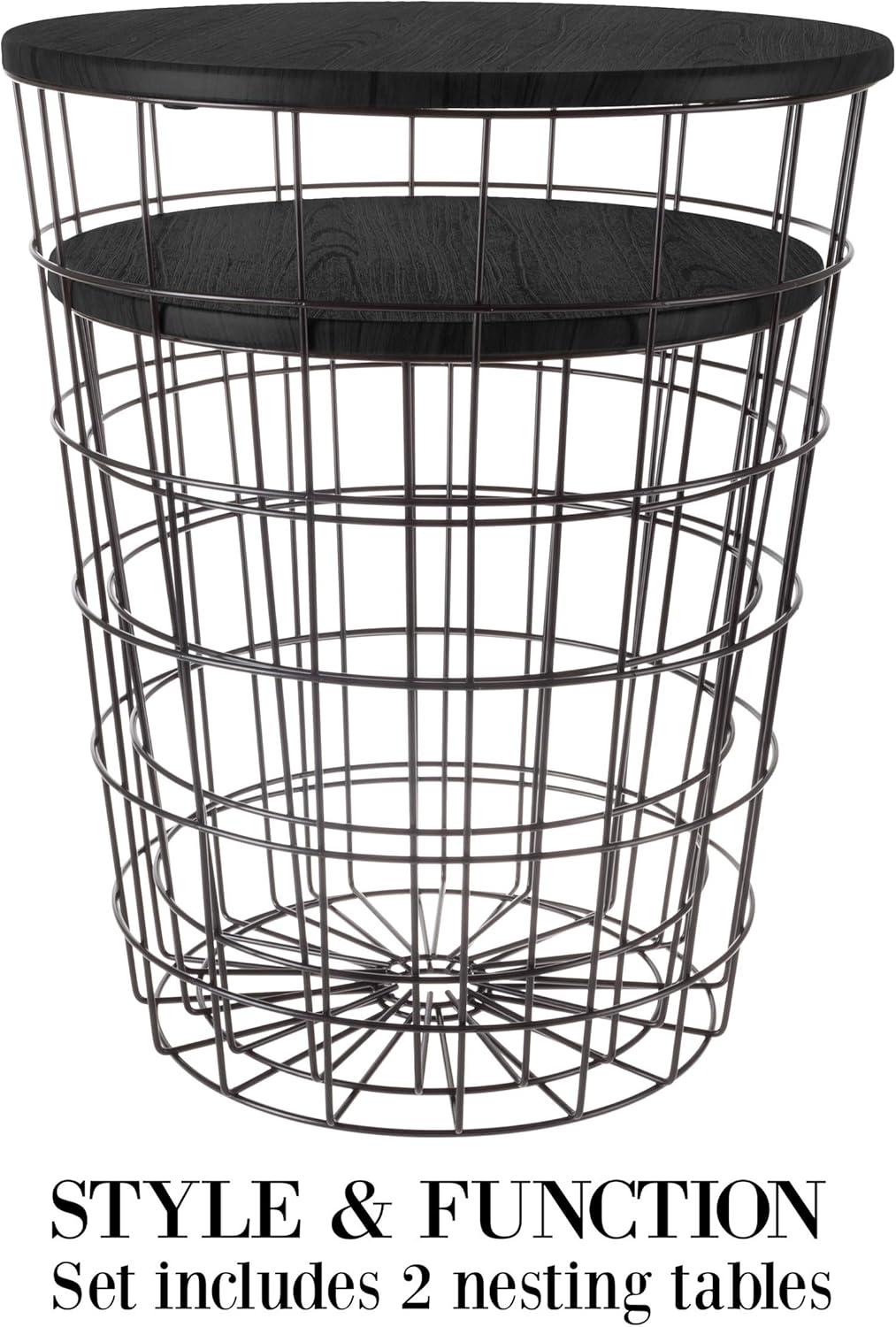 Black Round Wood and Metal Nesting Storage Side Tables