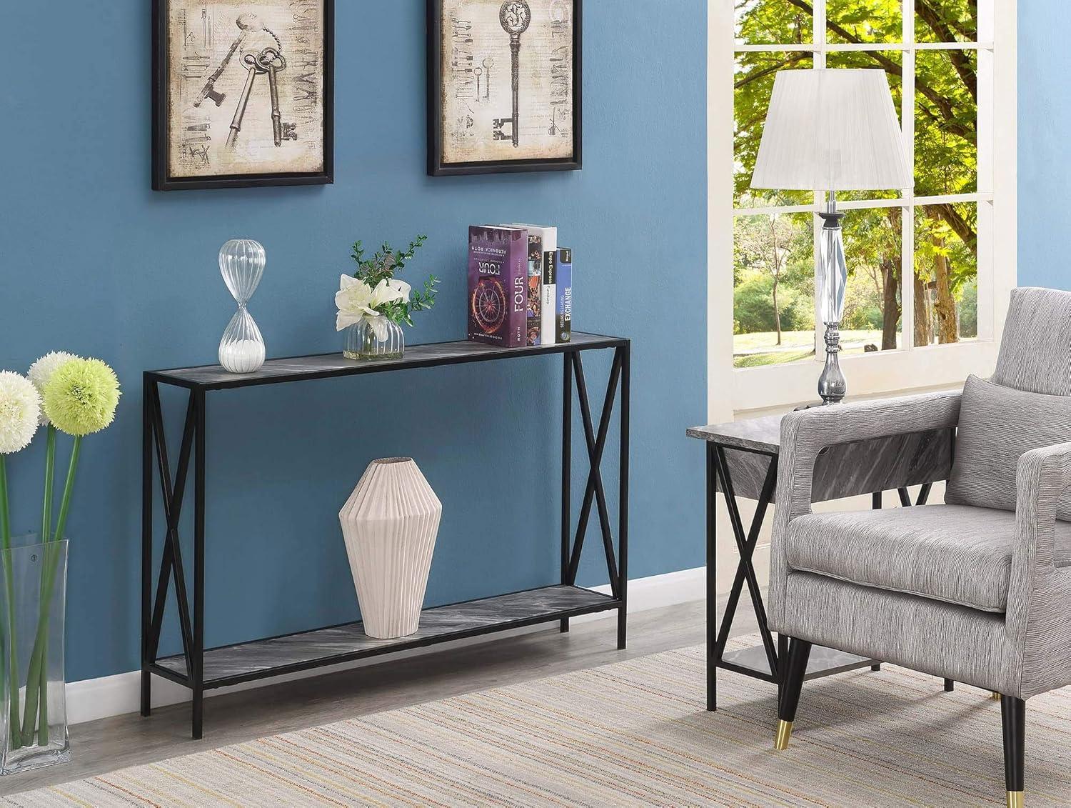 Gray Marble and Black Wood Console Table with Storage