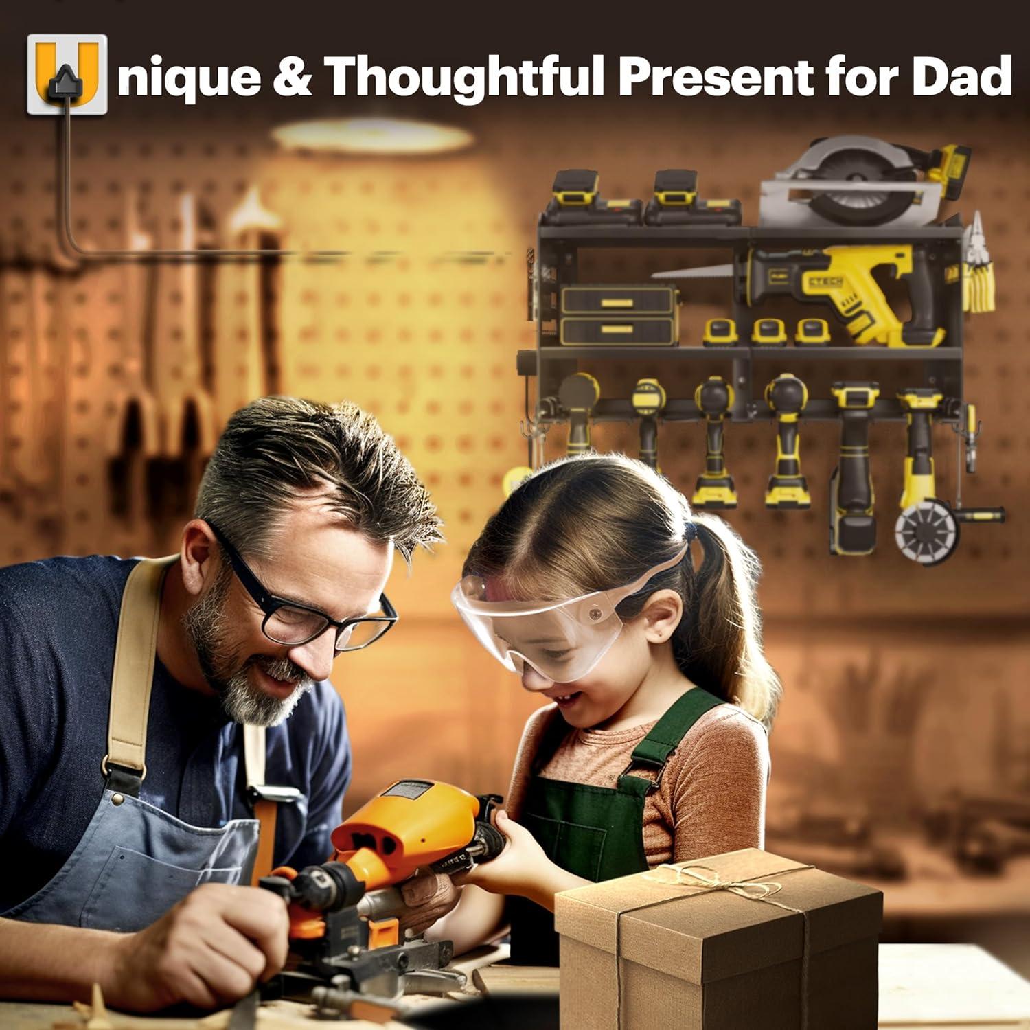 Spampur Power Tool Organizer Wall Mount with Charging Station, Garage Tool Shelf 6 Drill Holders, Tool Battery Holder with Plier holder Heavy Duty Rack, Tool Storage Rack with 4 Outlet Power Strip