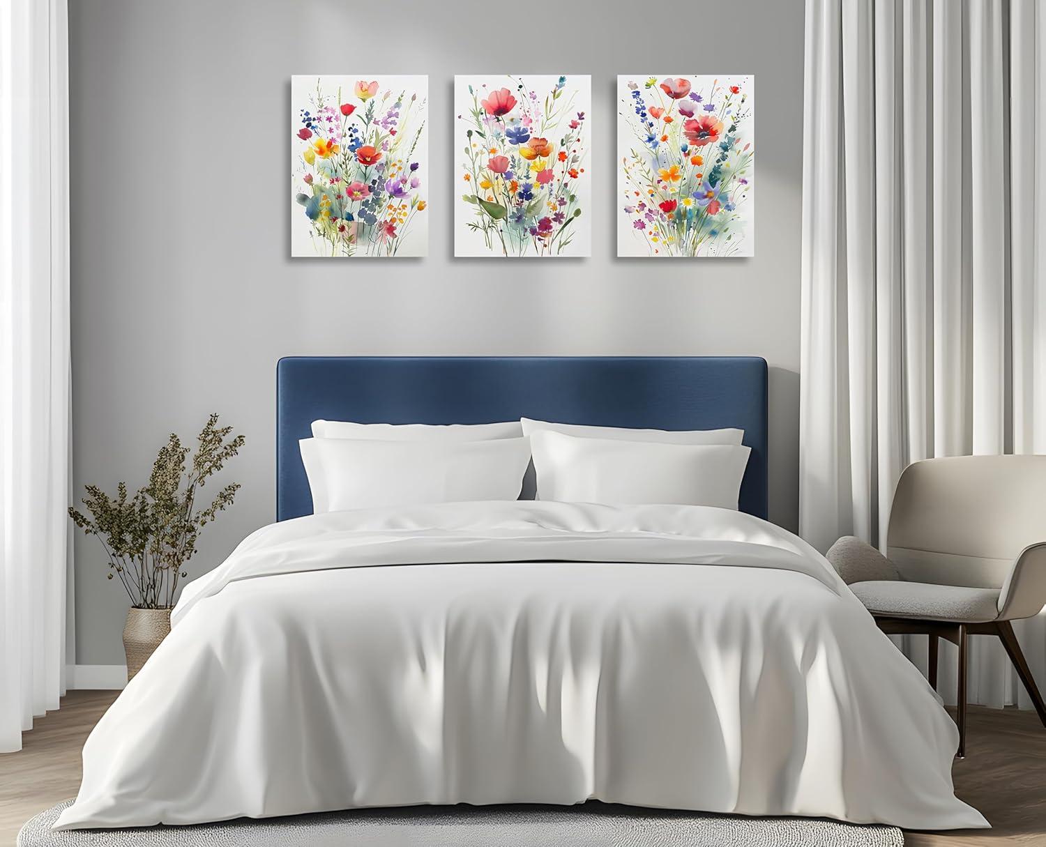 JRXY 3 Pcs Framed Watercolor Floral Botanical Canvas Wall Art Colorful Wildflower Plant Paintings Prints Posters 12x16 in