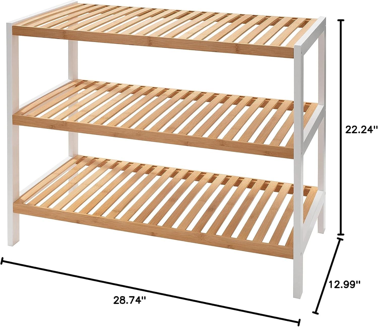 White and Bamboo 3-Tier Rectangular Footwear Storage Shelf