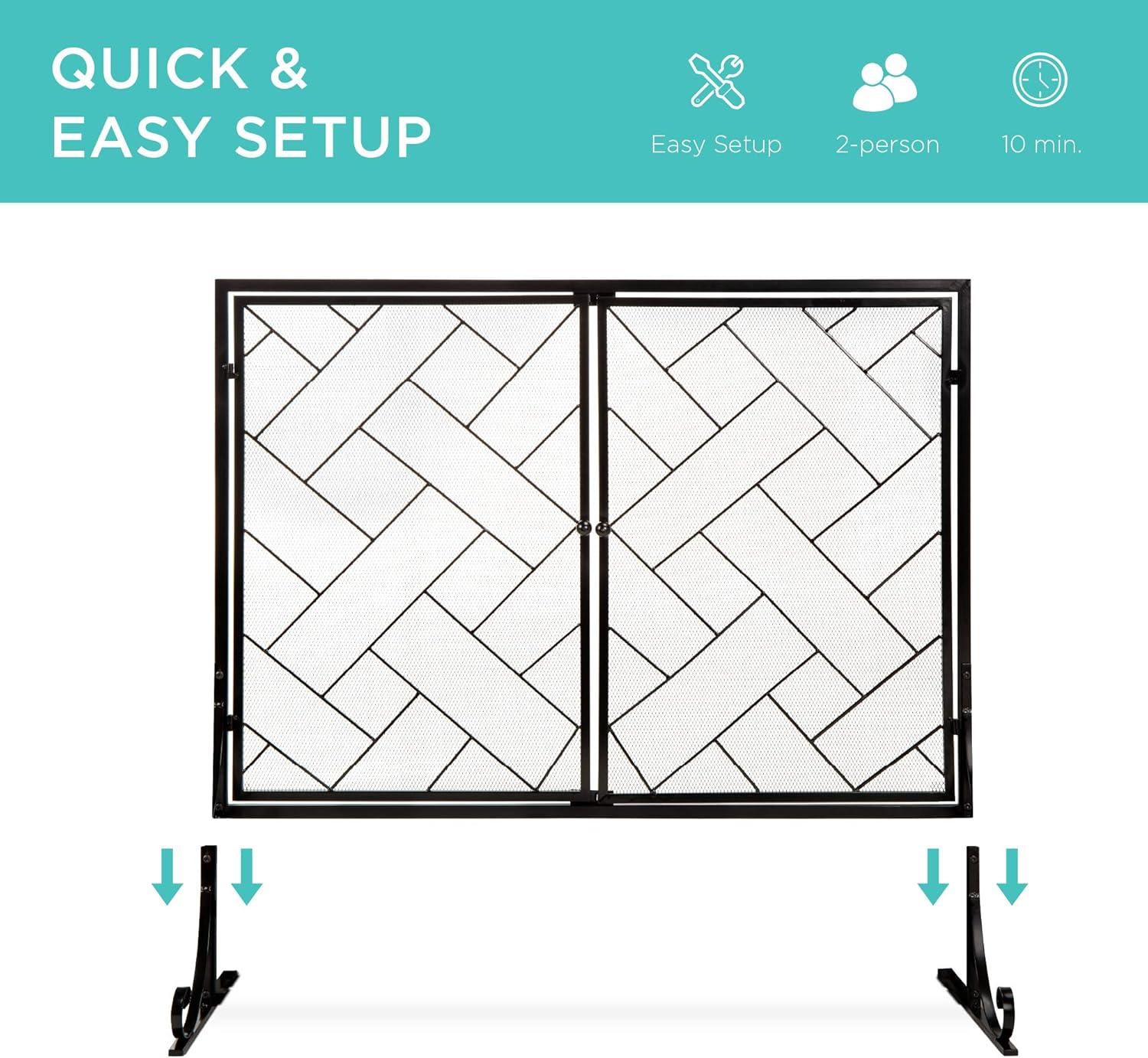 Best Choice Products 44x33in 2-Panel Handcrafted Wrought Iron Geometric Fireplace Screen w/ Magnetic Doors