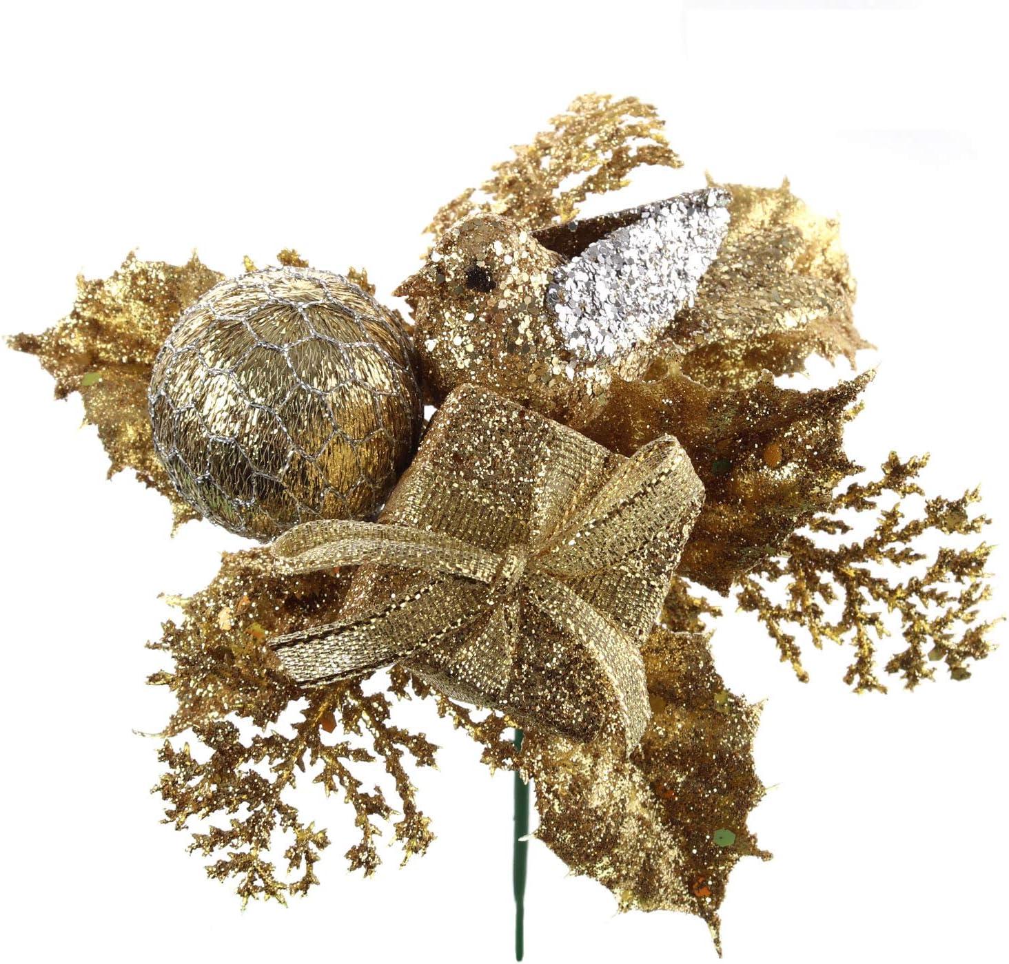 Gold Glitter Christmas Tree Picks with Gift Box and Ornaments, Set of 12