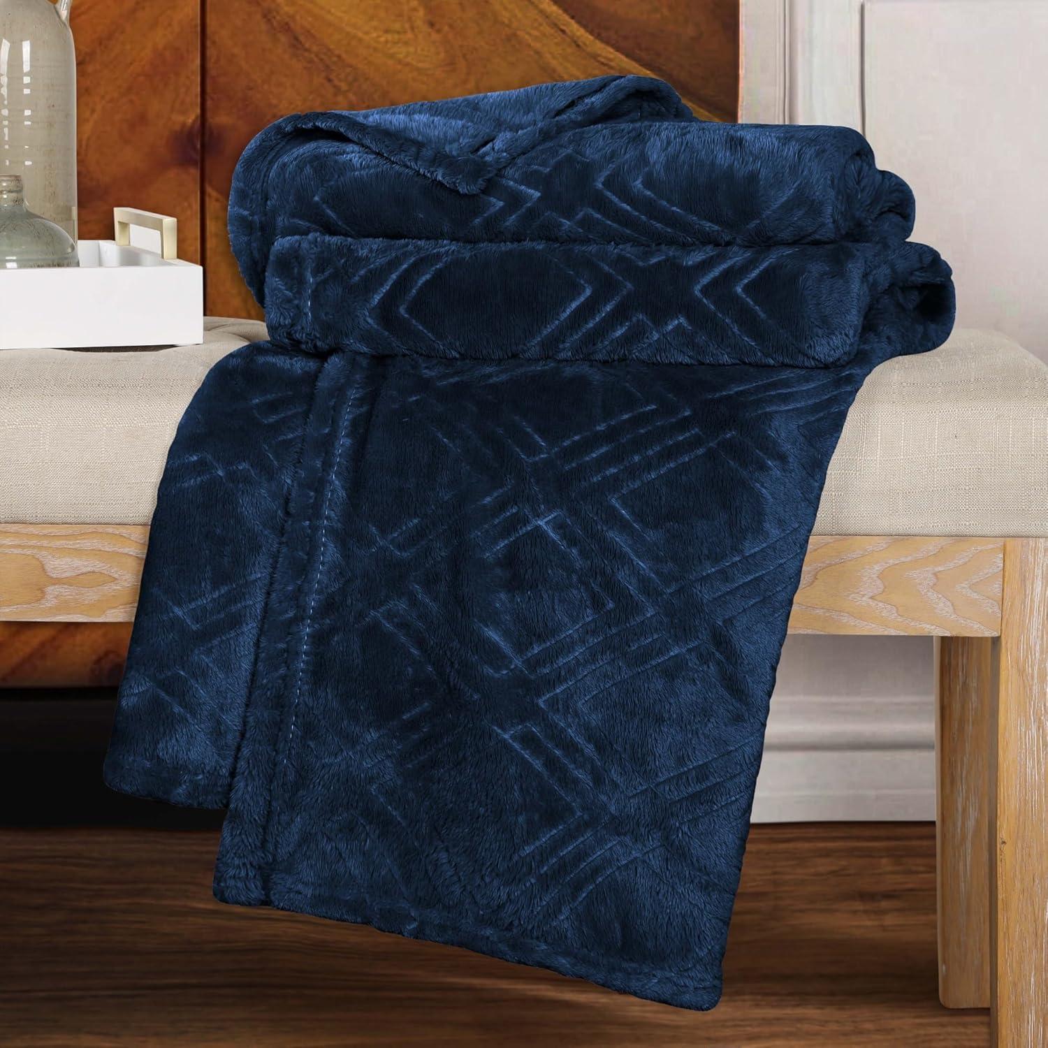 Superior Alaska Fleece Diamond Fluffy Blanket, Throw, Navy Blue