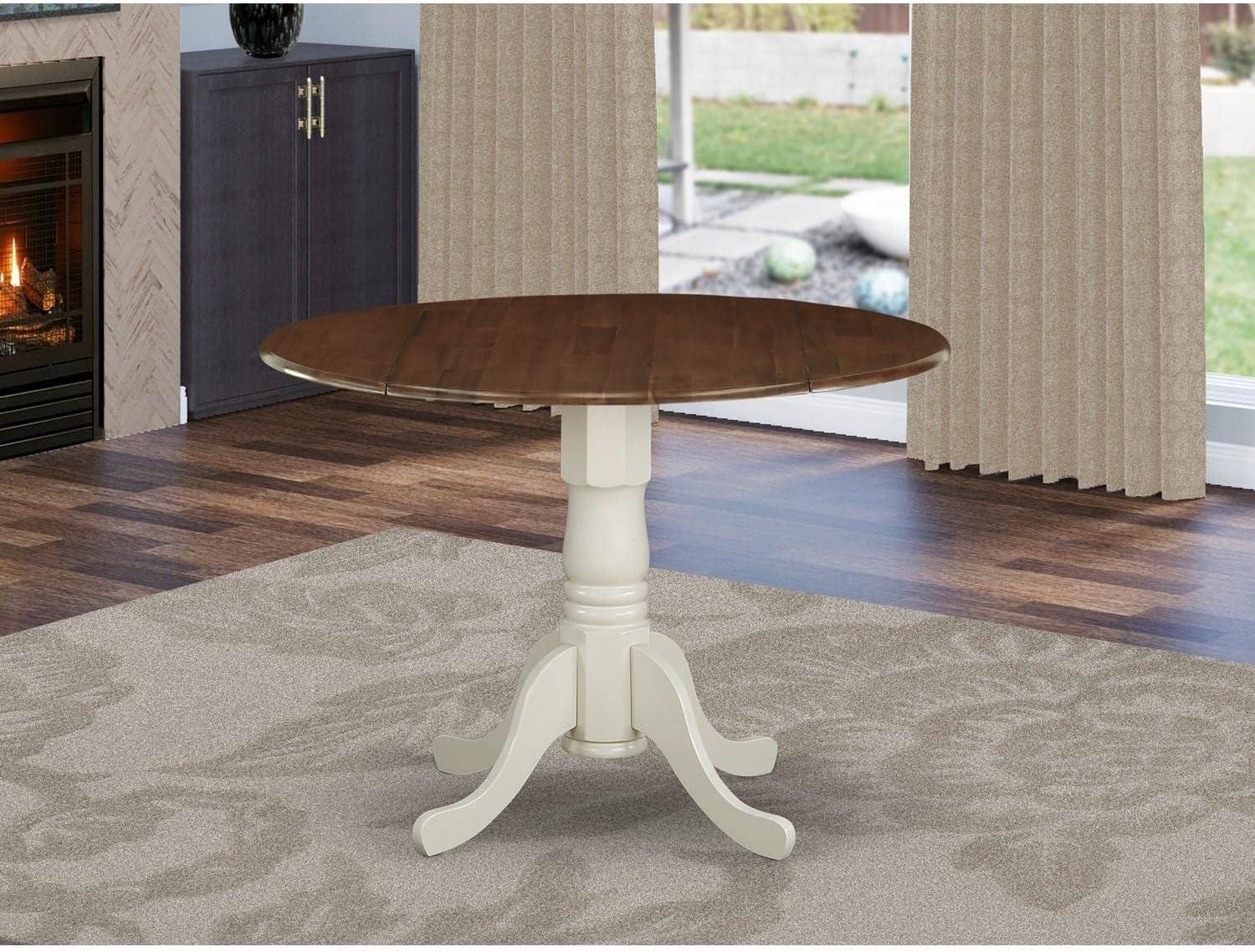 Walnut & Linen White Round Extendable Dining Table with Pedestal Base