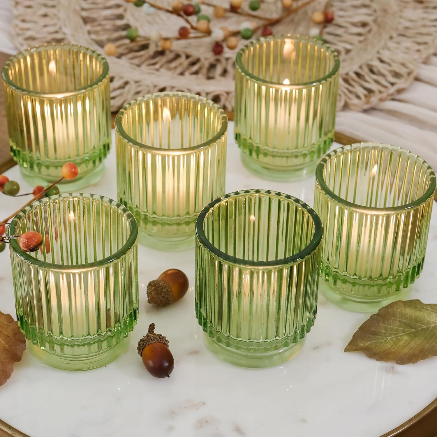 Set of 6 Green Ribbed Glass Votive Candle Holders