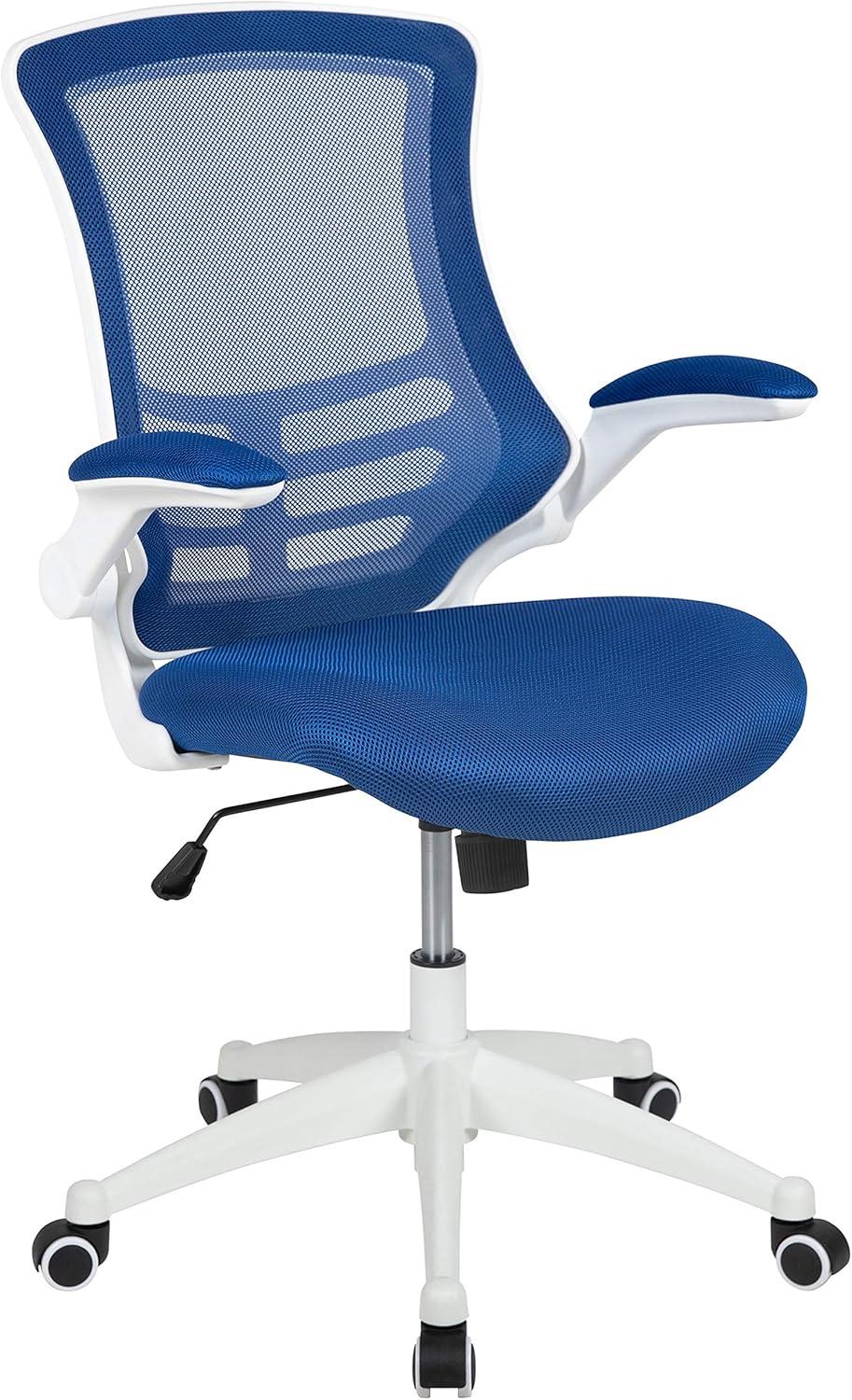 Flash Furniture Kelista Mid-Back Blue Mesh Swivel Ergonomic Task Office Chair with White Frame and Flip-Up Arms