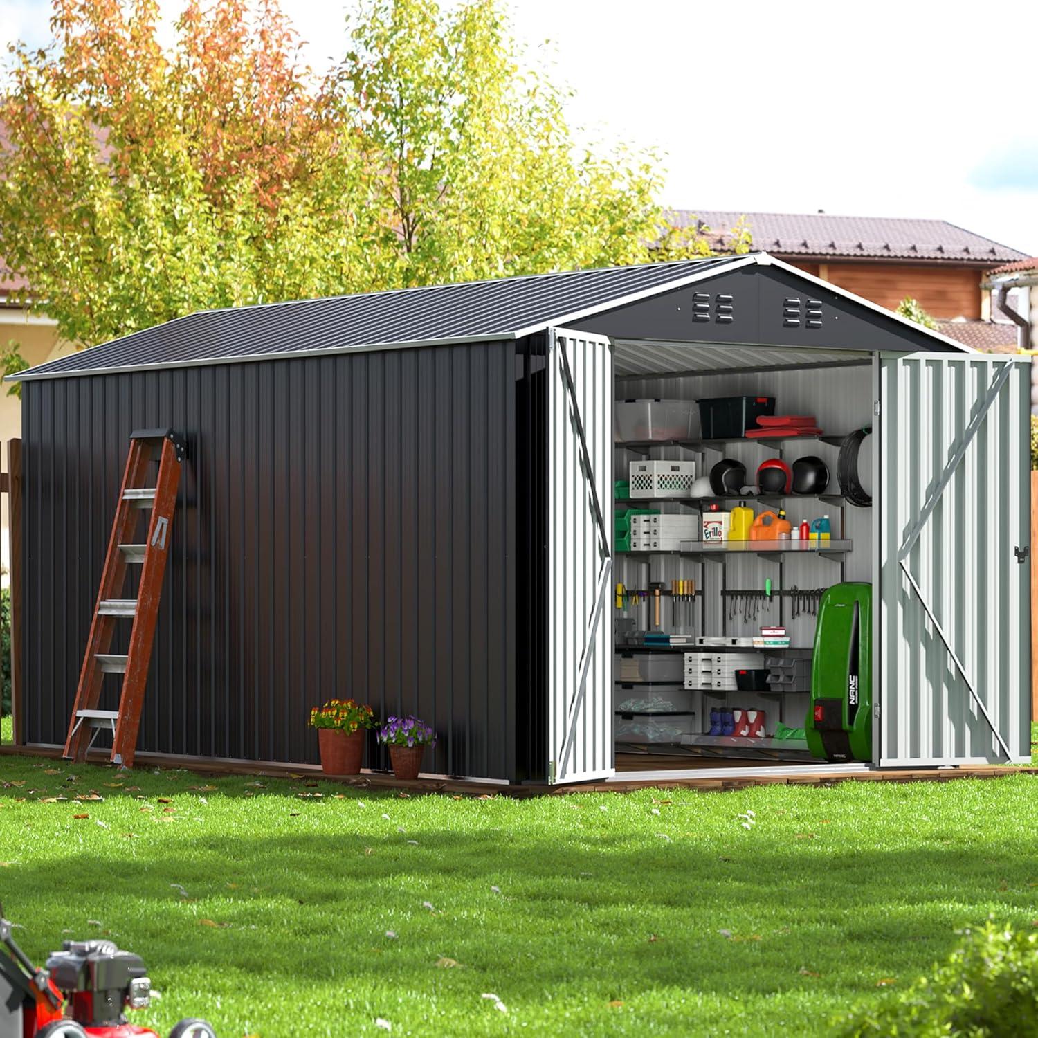 NETAJE 8'x12' Outdoor Metal Storage Shed with Upgraded Frame and Lockable Doors for Backyard, Garden, Lawn, Brown