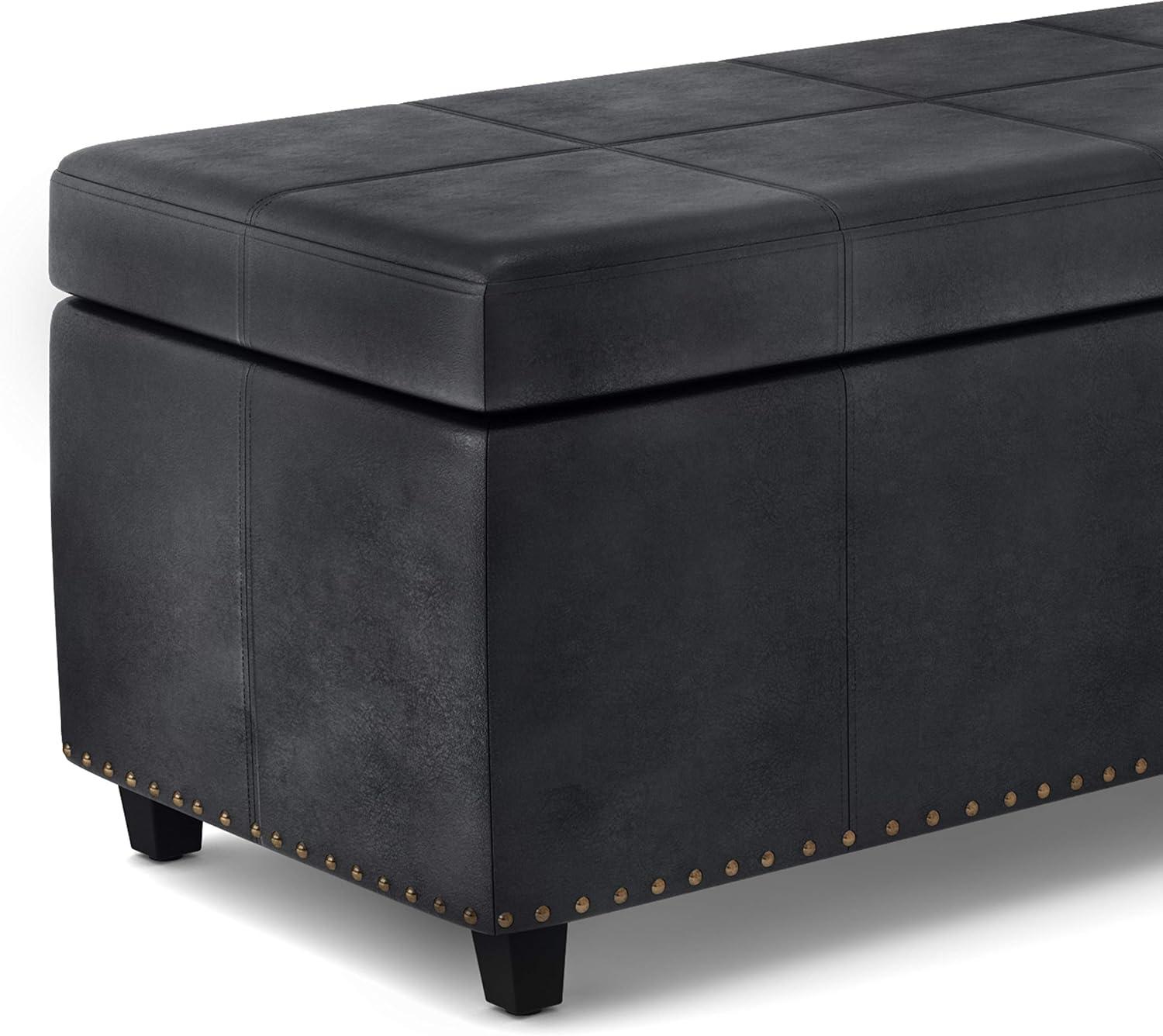 Simpli Home Kingsley Large Storage Ottoman In Distressed Black Vegan Faux Leather