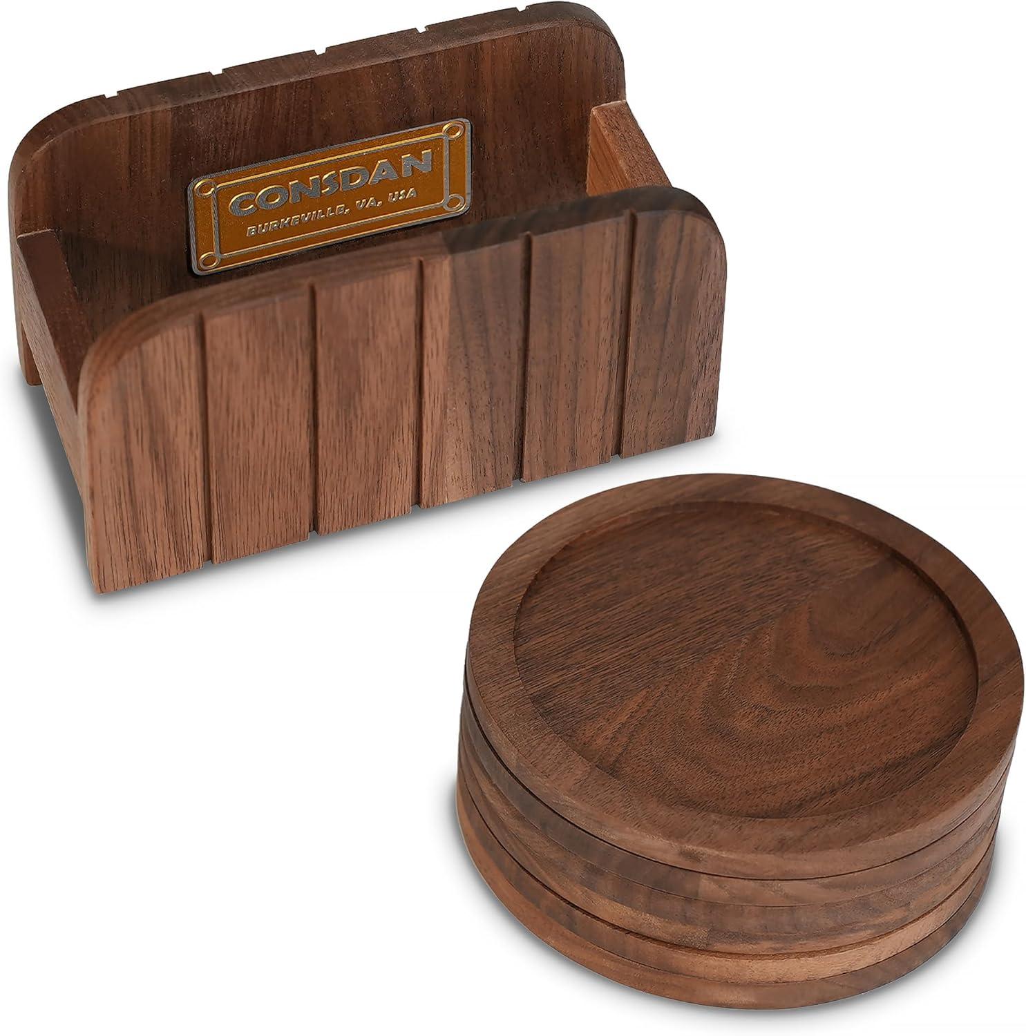 CONSDAN Cup Coasters, USA Grown Hardwood, Wooden Cup Coasters Set, Walnut Color 6 Pcs a set