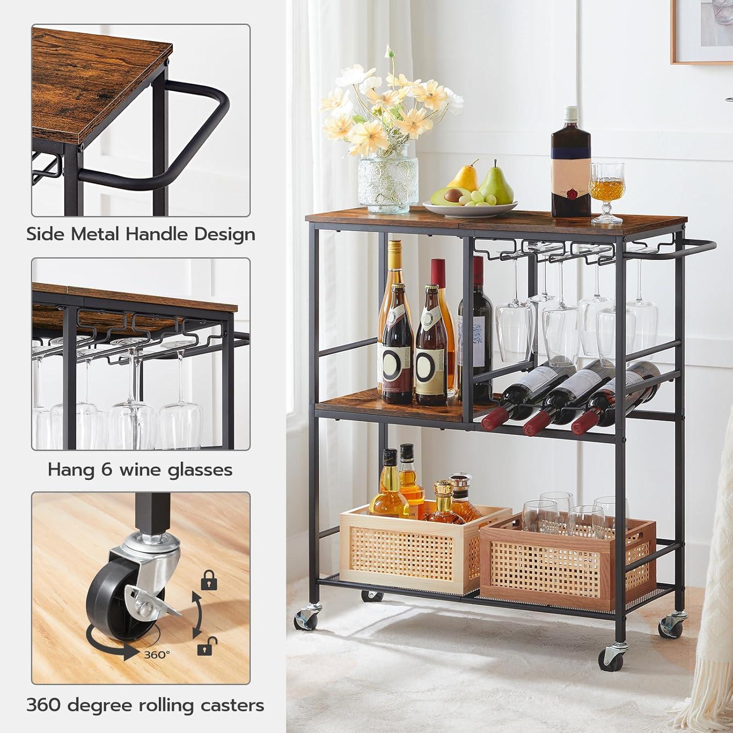 HOOBRO Bar Cart for The Home, 29.5 inches 3-Tier Serving Cart with Wheels, Rolling Kitchen Cart with Wine Rack and Glass Holder for Living Room, Party, Bar, Rustic Brown and Black BF21TC01G1