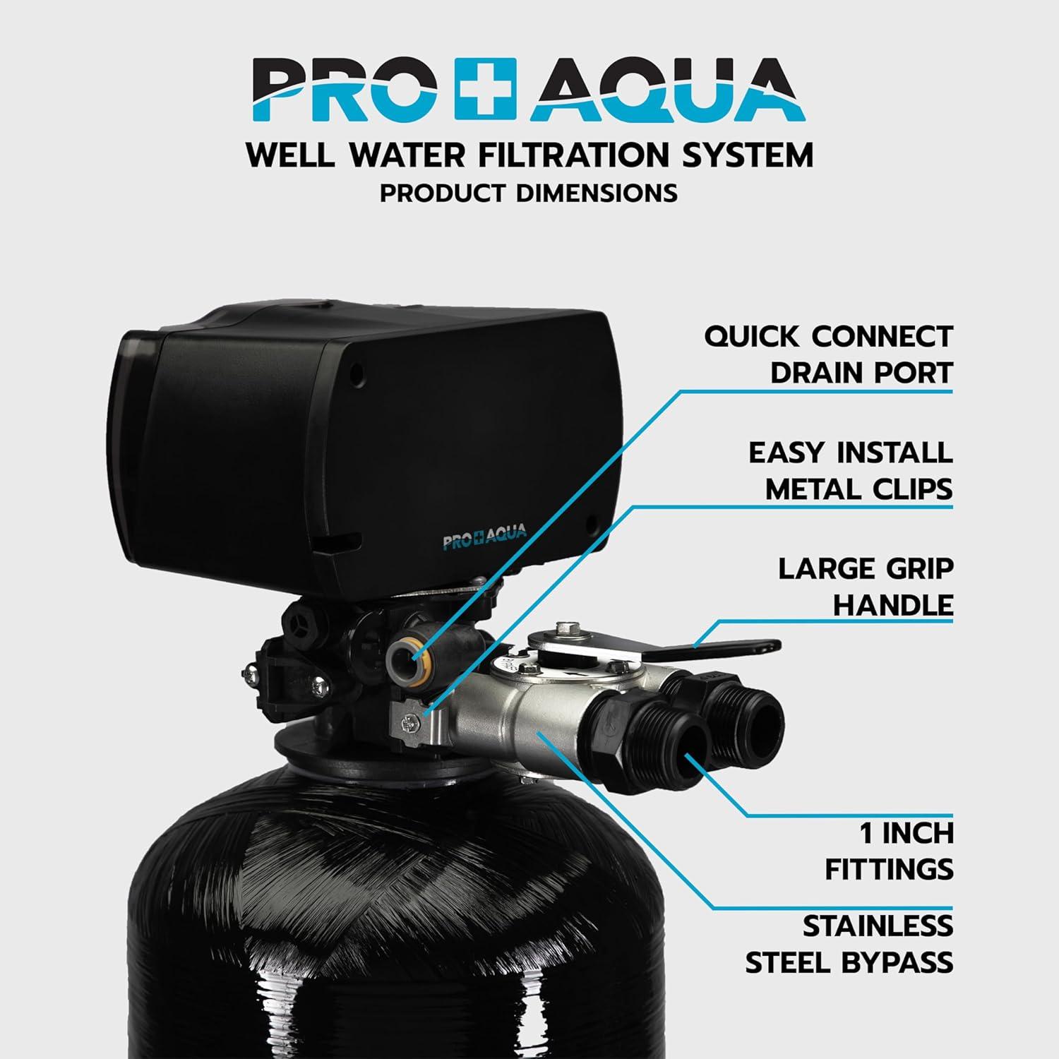 PRO+AQUA Whole House Filter System For Well Water, High Capacity, Proven Contaminant Removal, Auto-Clean, Small Footprint, Zero Water Pressure Drop, US Customer Support, 5 Year Warranty, Built in USA