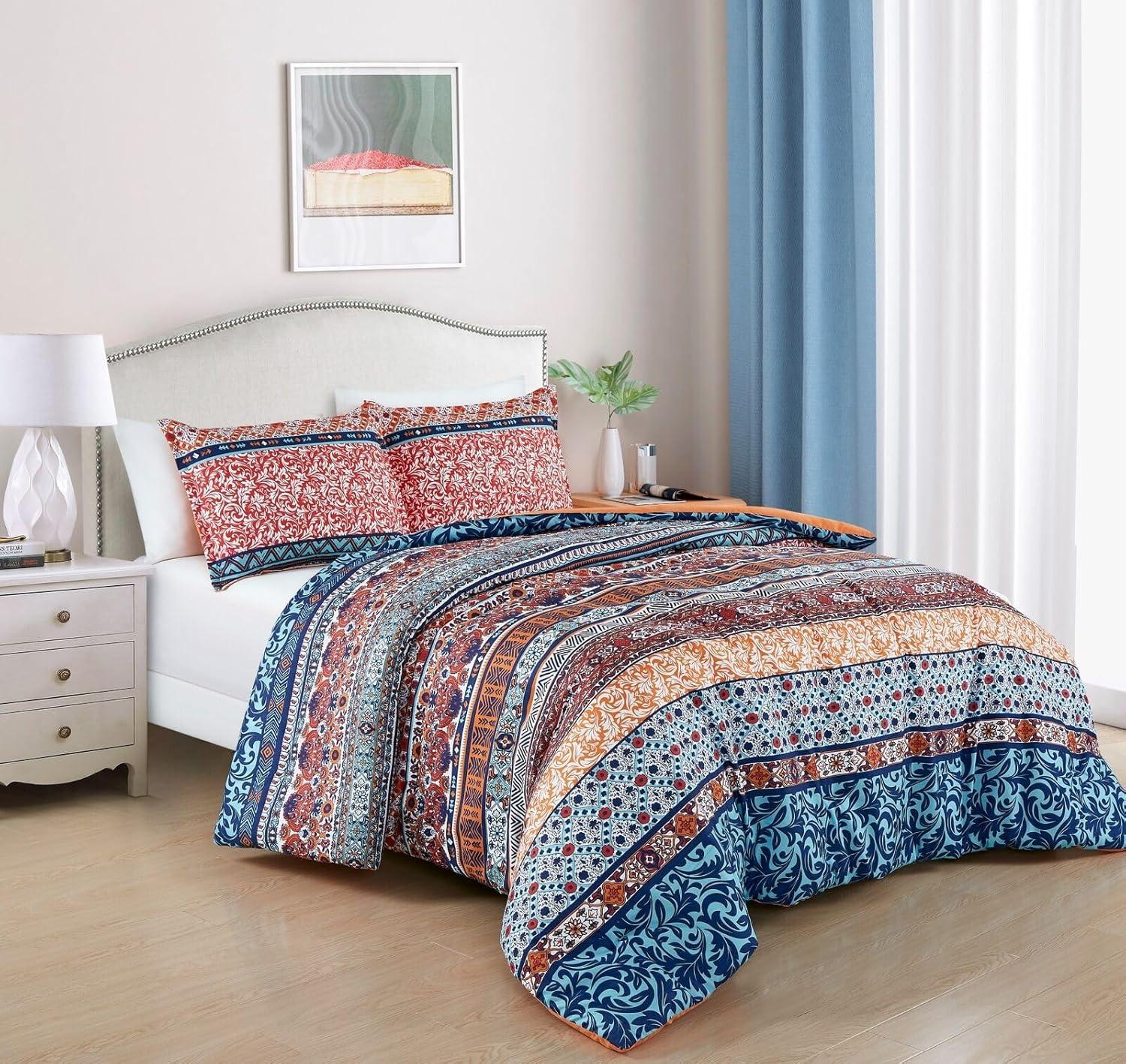 Full Multicolor Bohemian Medallion Stripe Microfiber Comforter Set