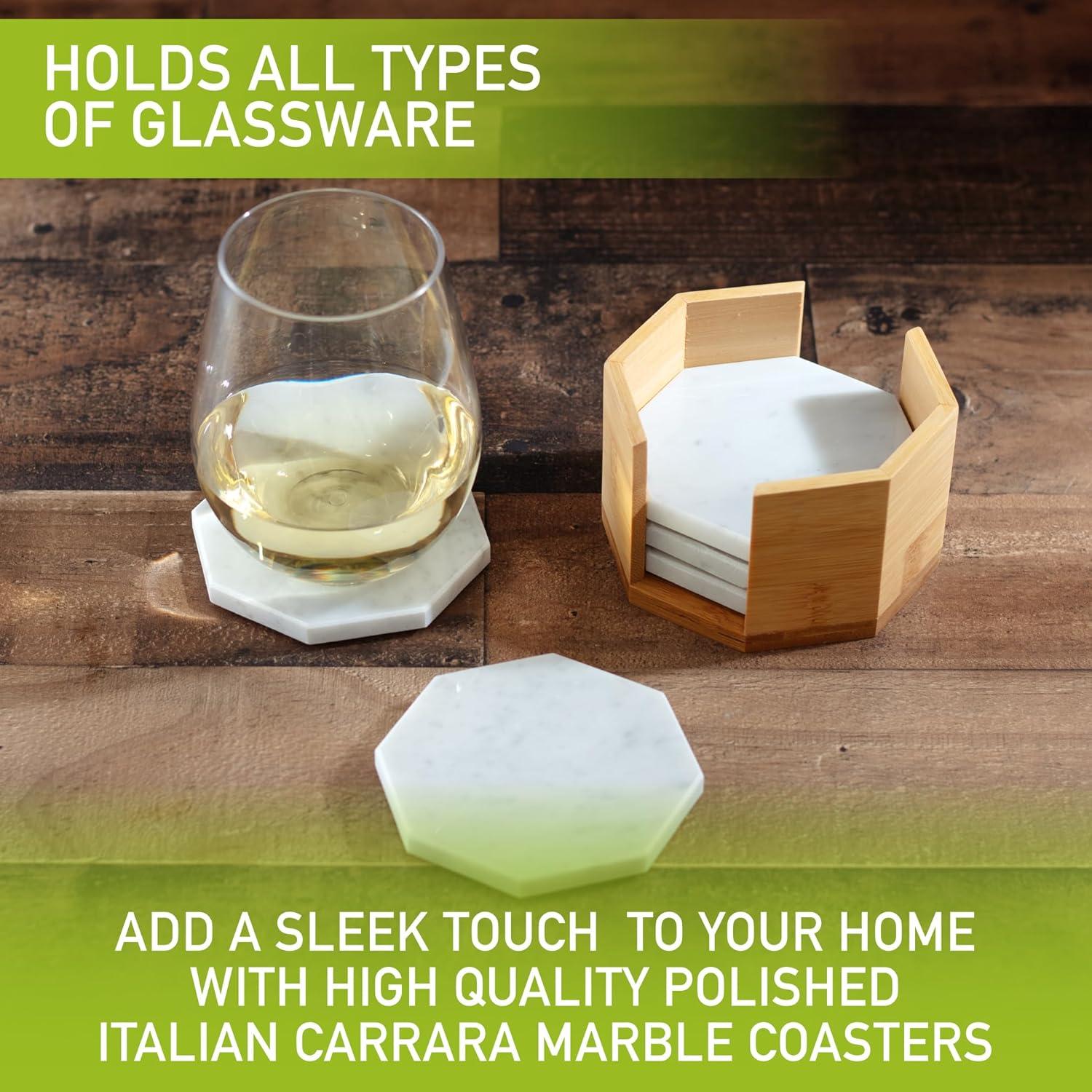 D'Eco White Carrara Marble Coasters w/ Bamboo Holder - Set of 5 - Tabletop Protection- Fits Any Size Wine Glass, Cup, Mug - Great Mother's Day Gift
