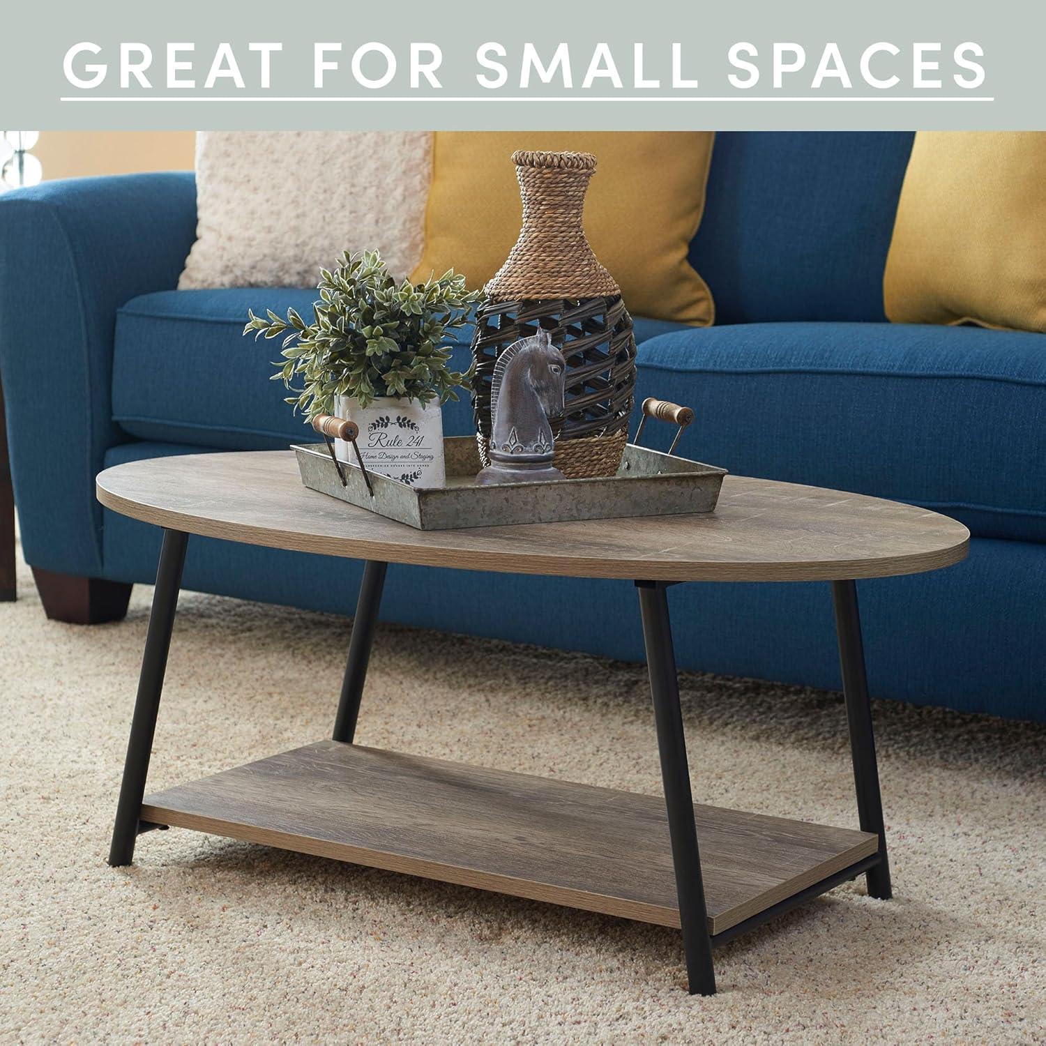 Household Essentials Jamestown Oval Coffee Table Ashwood: Modern Mid-Century Design, Iron Frame, Particle Board Surface, Lower Storage Shelf