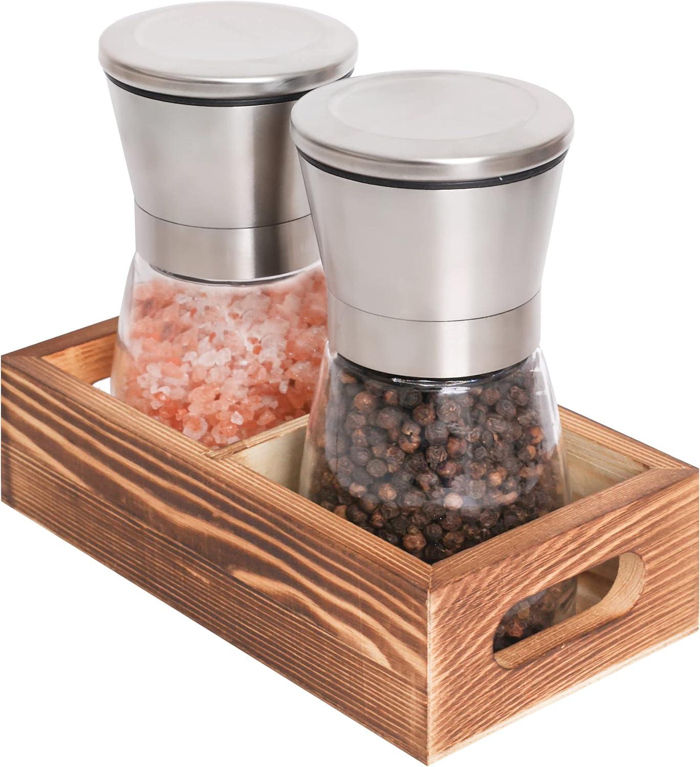 CB Accessories Stainless Steel Salt and Pepper Grinder Set with Wood Tray,  Adjustable Coarseness for Modern Farmhouse Kitchen Table
