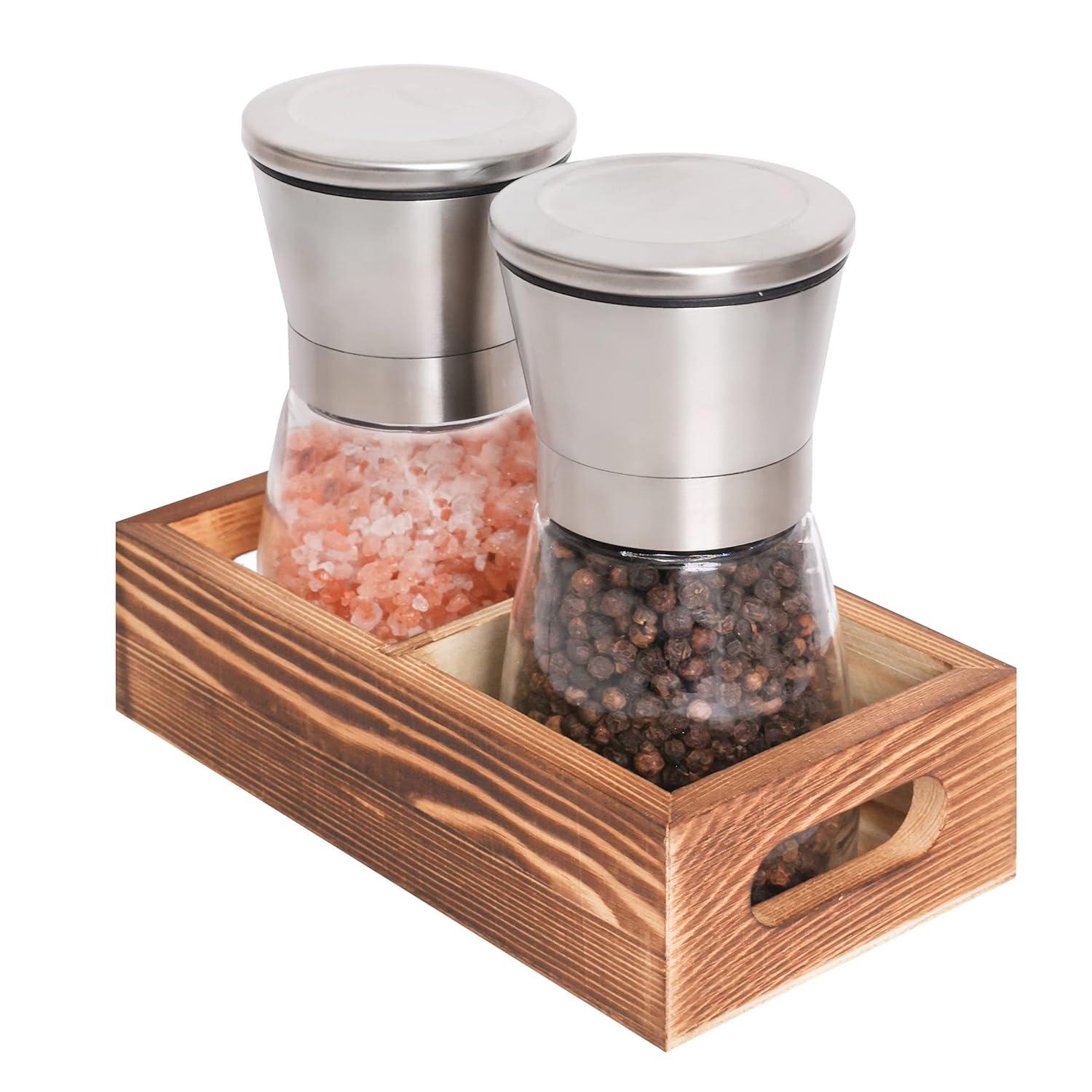 CB Accessories Stainless Steel Salt and Pepper Grinder Set with Wood Tray,  Adjustable Coarseness for Modern Farmhouse Kitchen Table