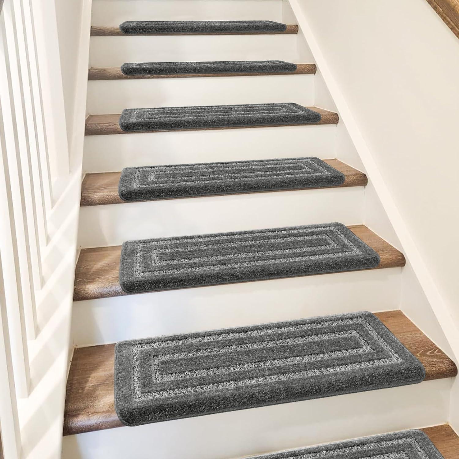 PURE ERA Bullnose Carpet Stair Treads Protectors for Wooden Steps 9.5" x 30"x1.2" Pet Friendly Tape Free Non-Slip (Set of 14 Pieces,Gray Rectangle)