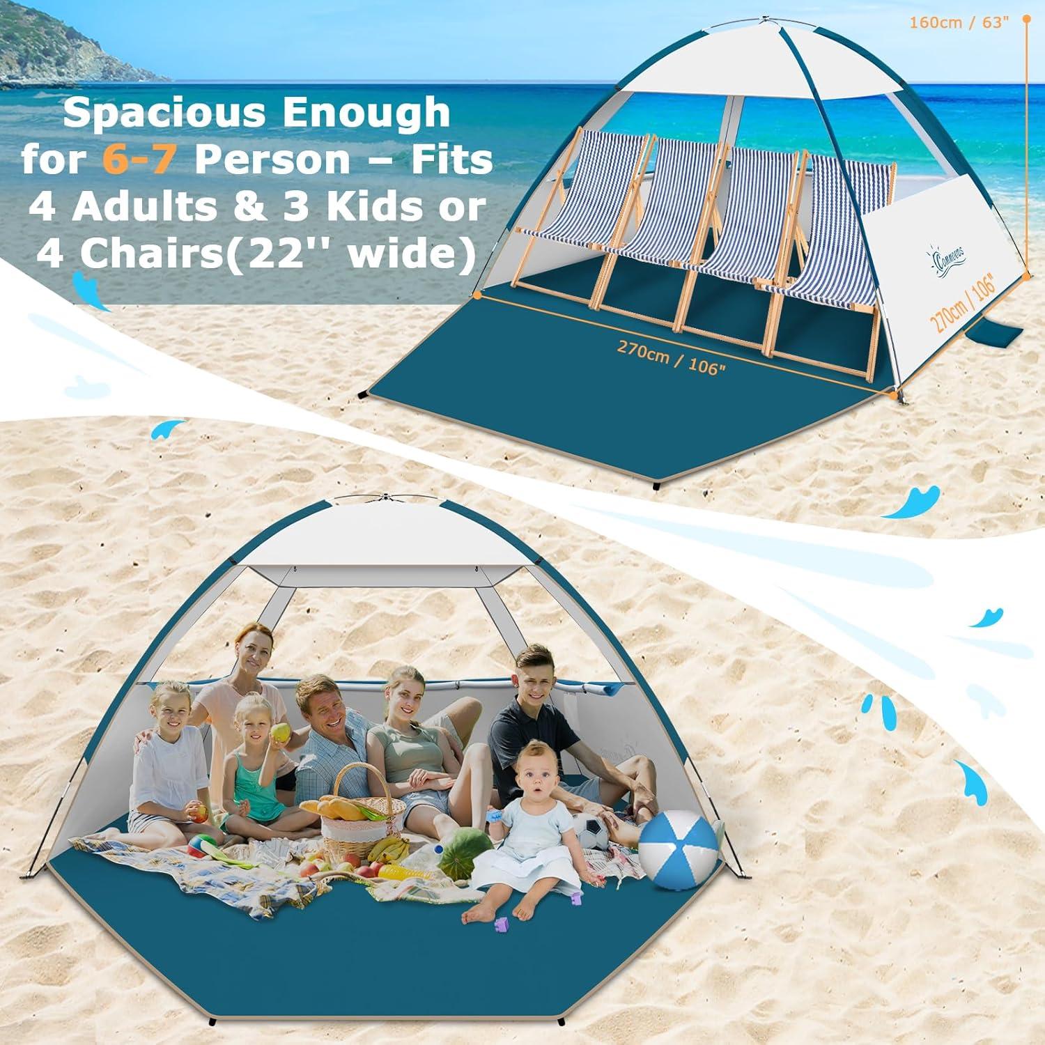 COMMOUDS Beach Tent Sun Shade for 3/4-5/6-7/8-10 Person, UPF 50+ Beach Sun Shelter Canopy Tent, Lightweight, Easy Set Up and Carry