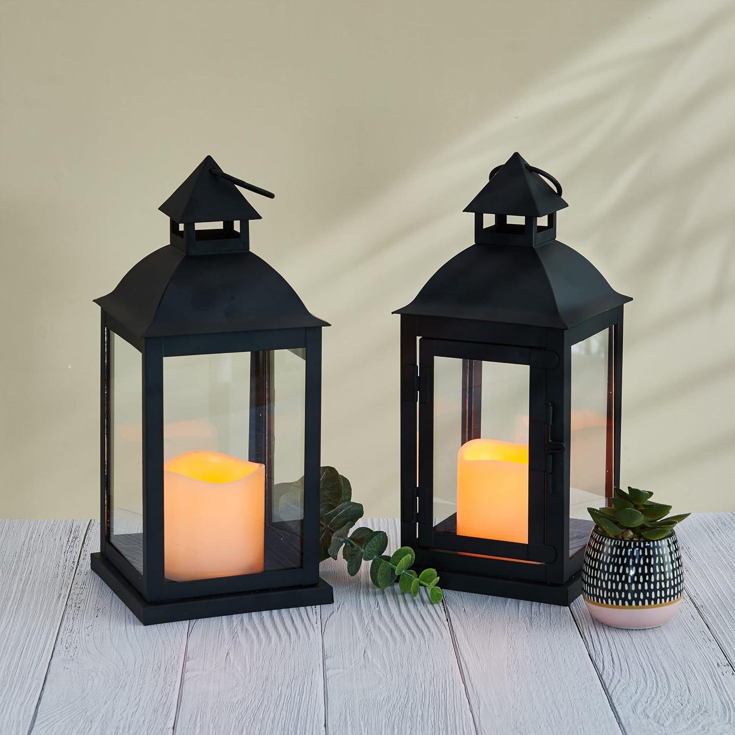 Elements Traditional Lantern with LED Pillar Candle Decorative Wedding Events Parties, 12-Inch, Black