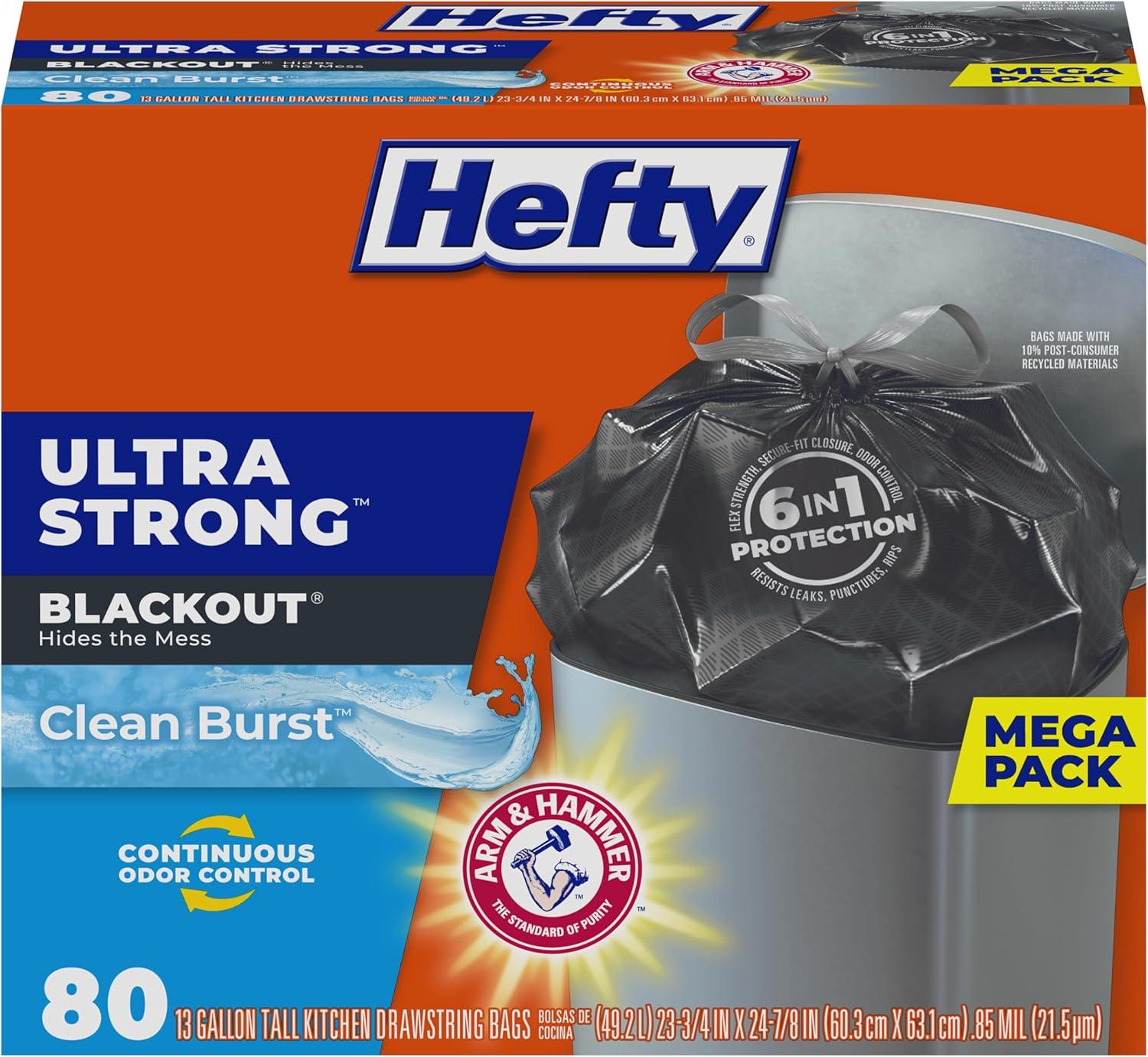 Hefty Ultra Strong BlackOut Tall-Kitchen Drawstring Bags, 13 gal, 0.9 mil, 23.75" x 24.88", Black, 80/Box