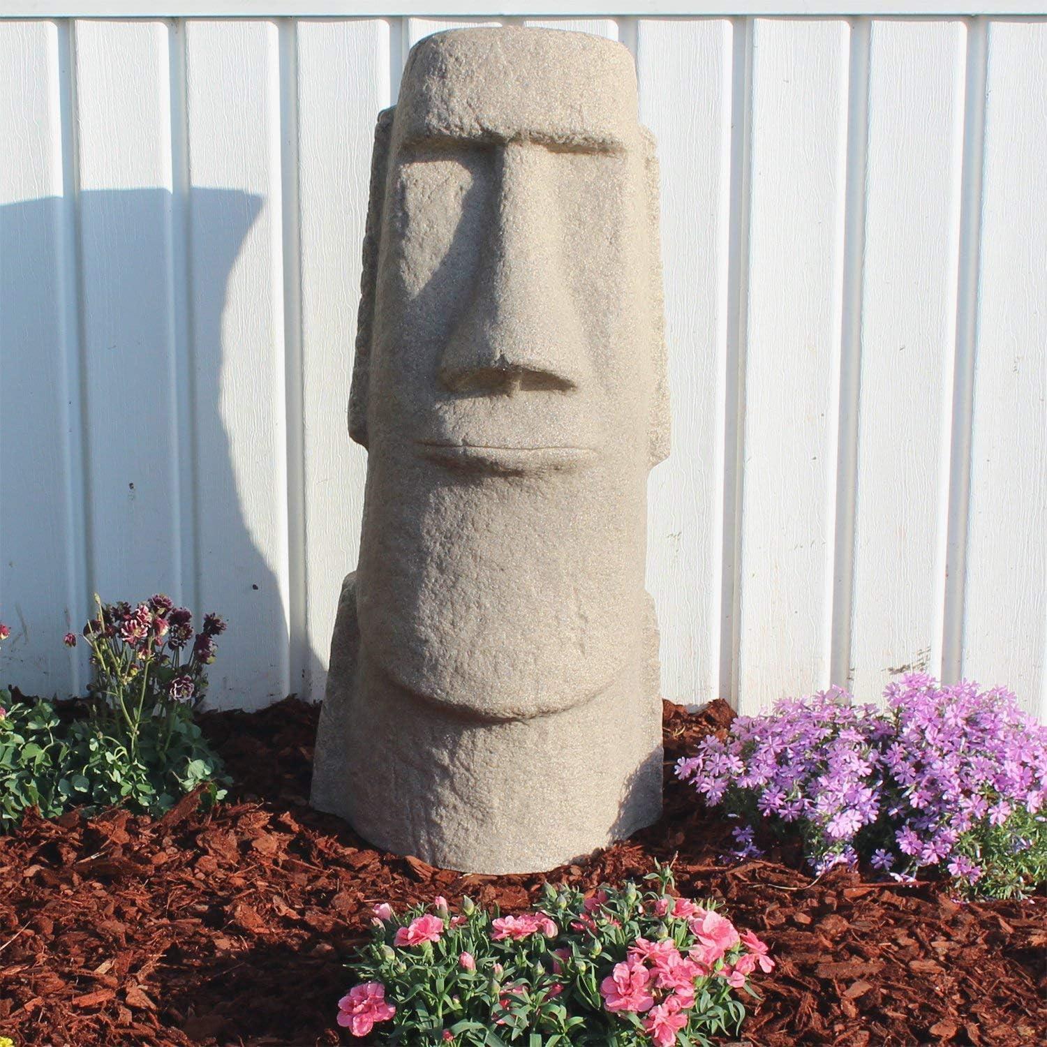 28" Textured Sandstone Resin Easter Island Head Garden Statue