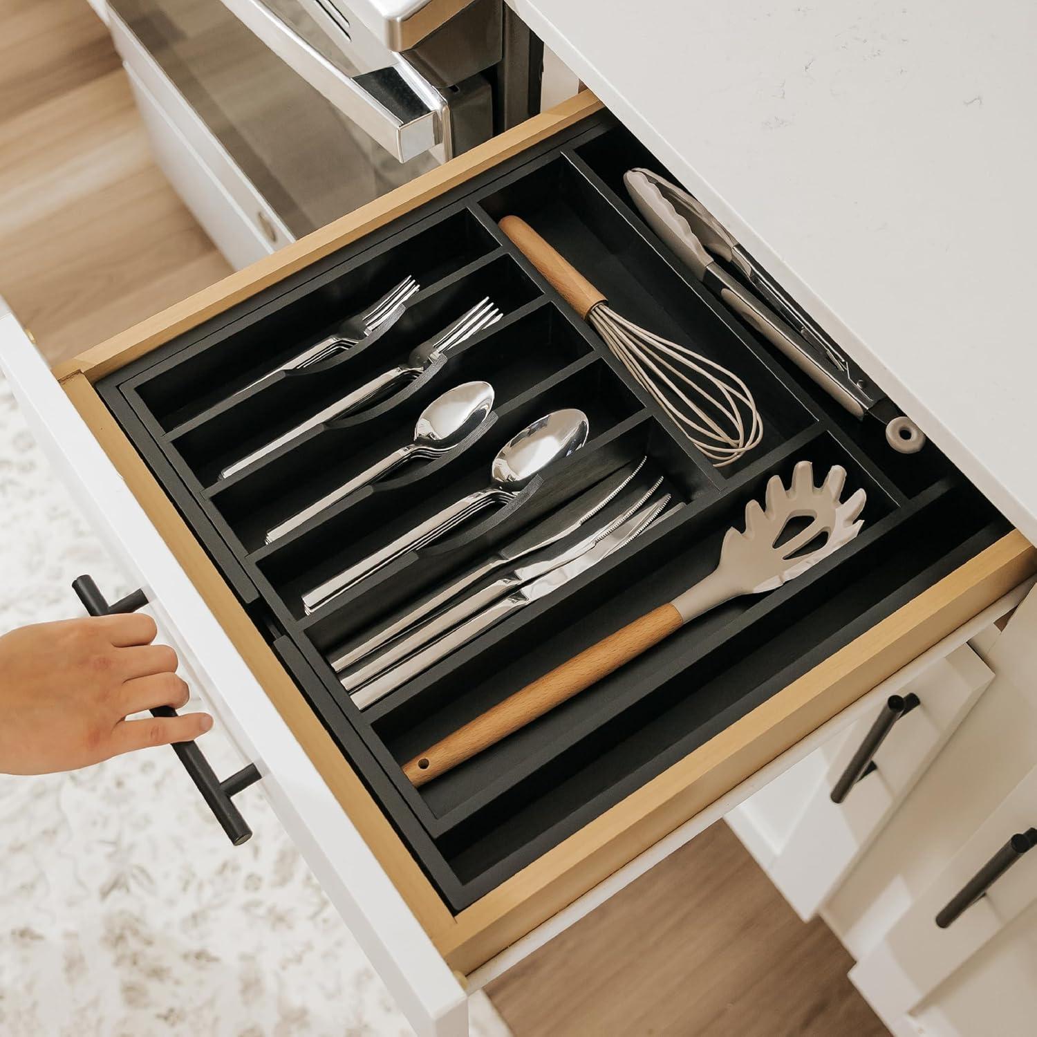 KitchenEdge Premium Silverware, Flatware and Utensil Organizer for Kitchen Drawers, Expandable 15 to 25 Inches Wide, 10 Compartments, Food-Safe Contract Grade Black Finish 100% Sustainable Bamboo Wood