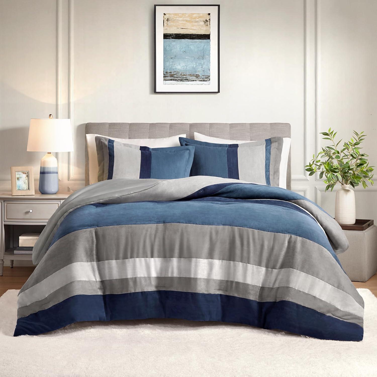 Luxe Quilted Comforter Set Modern Transitional Design, All Season Down Alternative Warm Bedding Matching Shams, Bedskirt, Decorative Pillow,Cal King