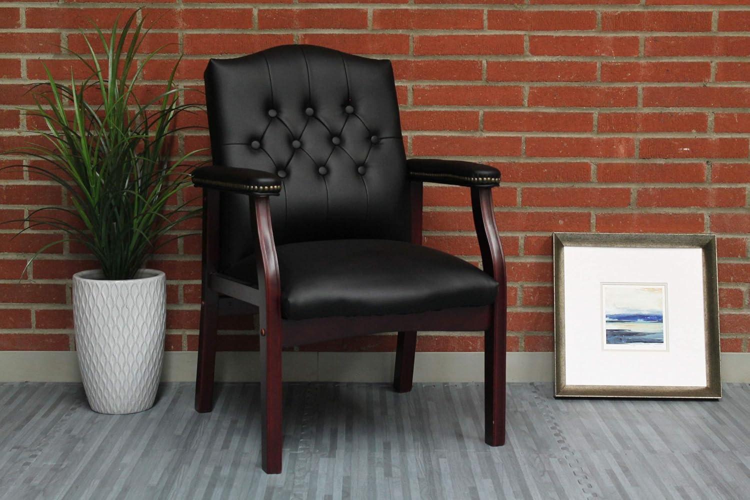 Classic Traditional Button Tufted Black Vinyl Guest Chair with Mahogany Wood Frame