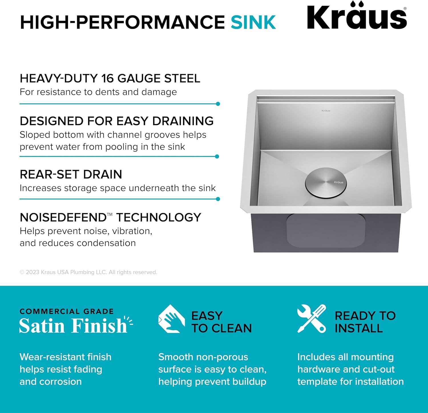 KRAUS Kore™ Workstation 17-inch L Undermount 16 Gauge Single Bowl Stainless Steel Bar Kitchen Sink