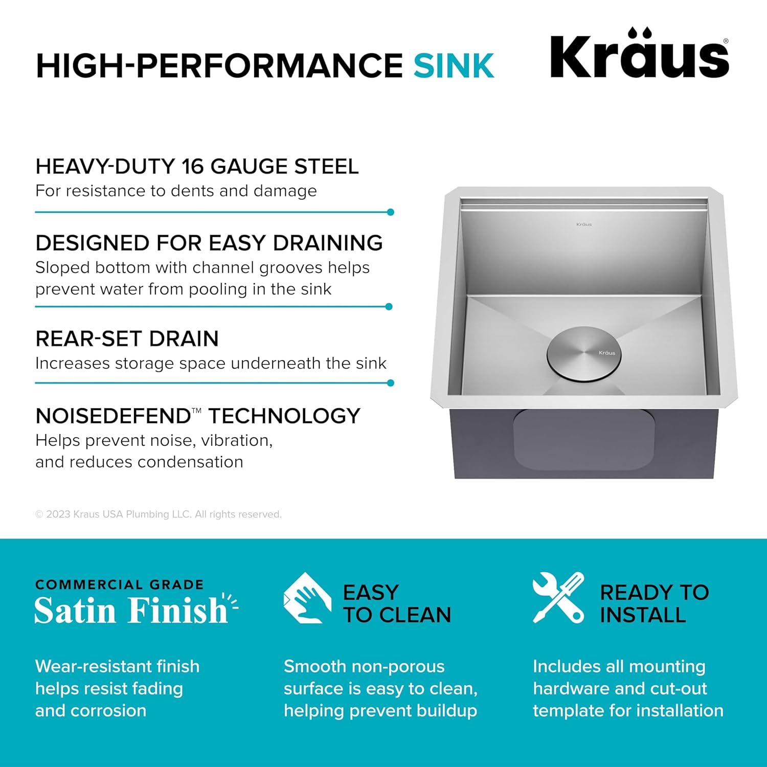 KRAUS Kore™ Workstation 17-inch L Undermount 16 Gauge Single Bowl Stainless Steel Bar Kitchen Sink