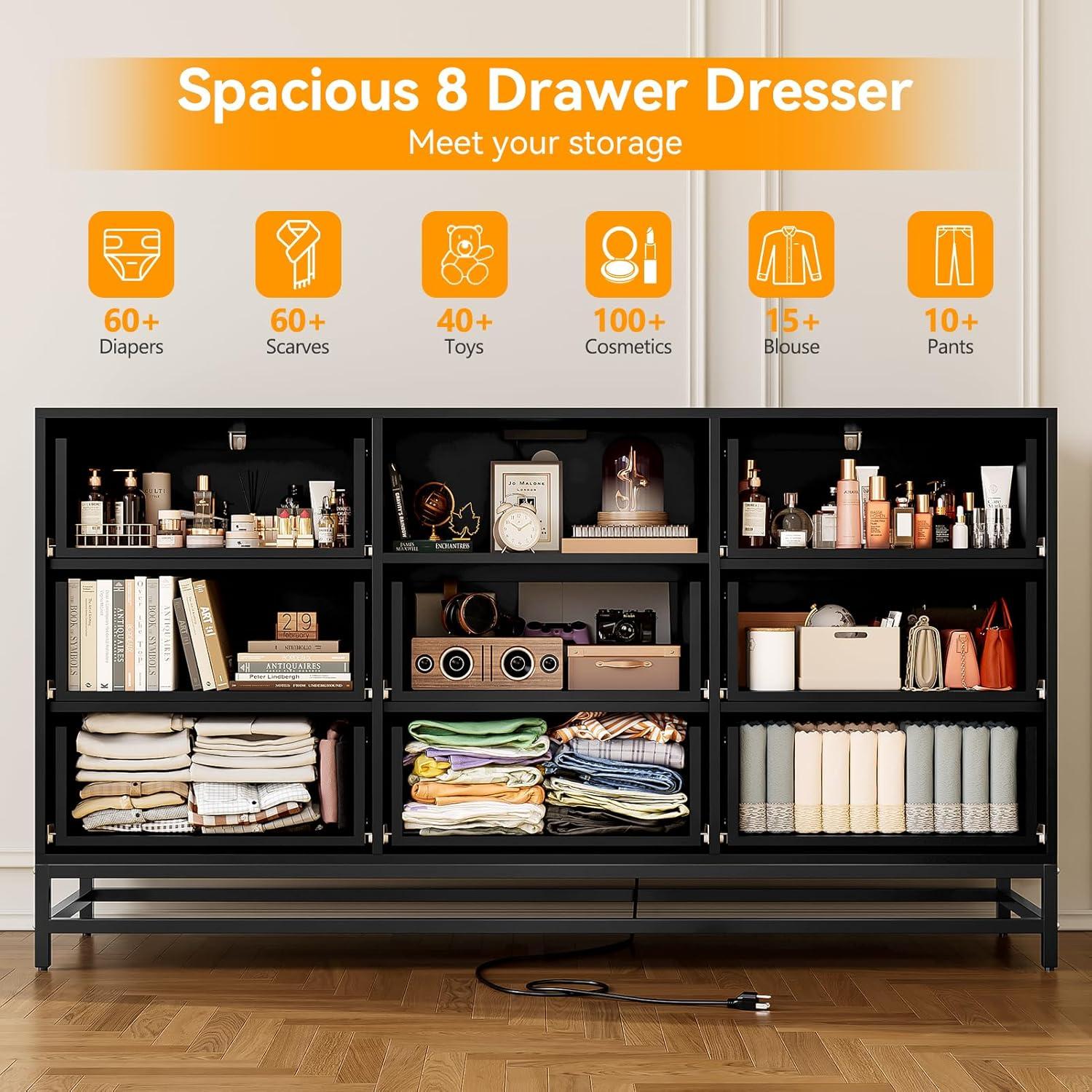 8 Deep Drawer Black Dresser for Bedroom with Charging Station and LED Lights, 59" TV Dresser Wooden Large Long Dresser, Modern Chest of Drawers Storage Organizer for Closet, Living Room